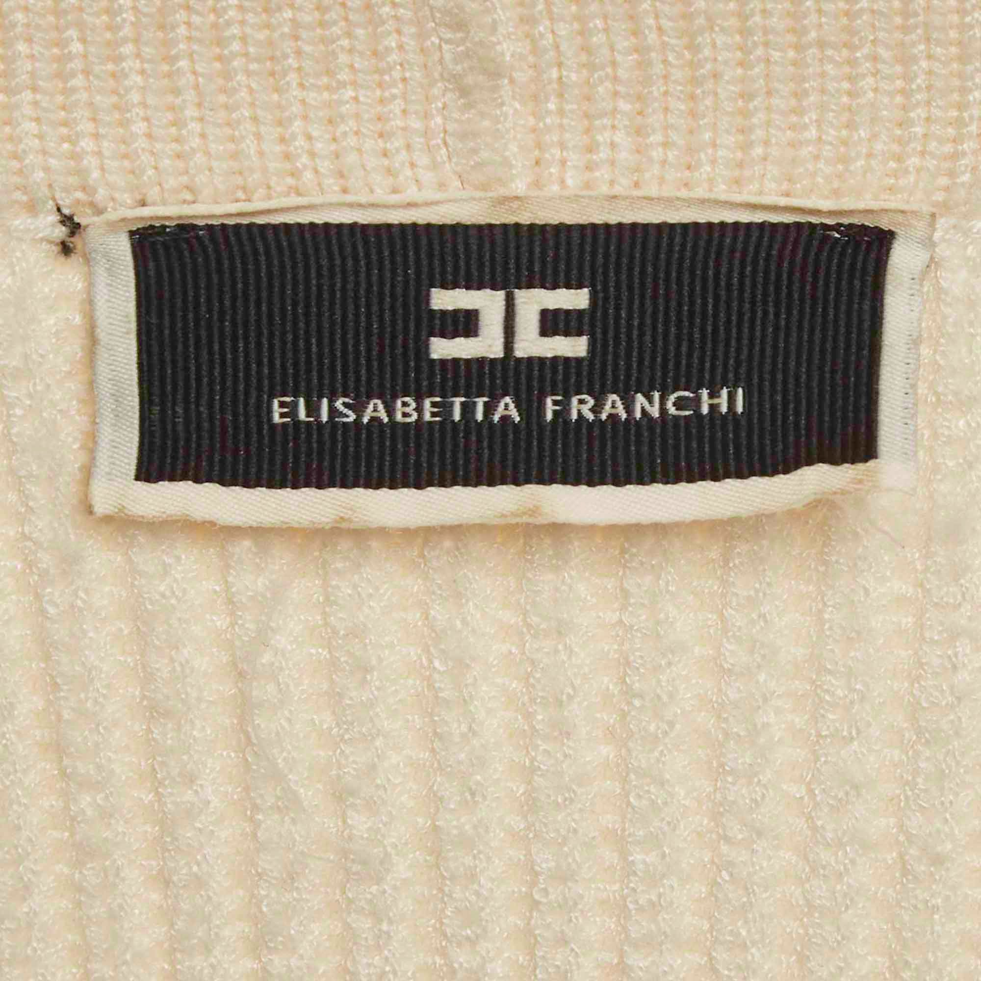 Elisabetta Franchi Beige Rib Knit Chain Detail Double Breasted Mini Dress - Image 5