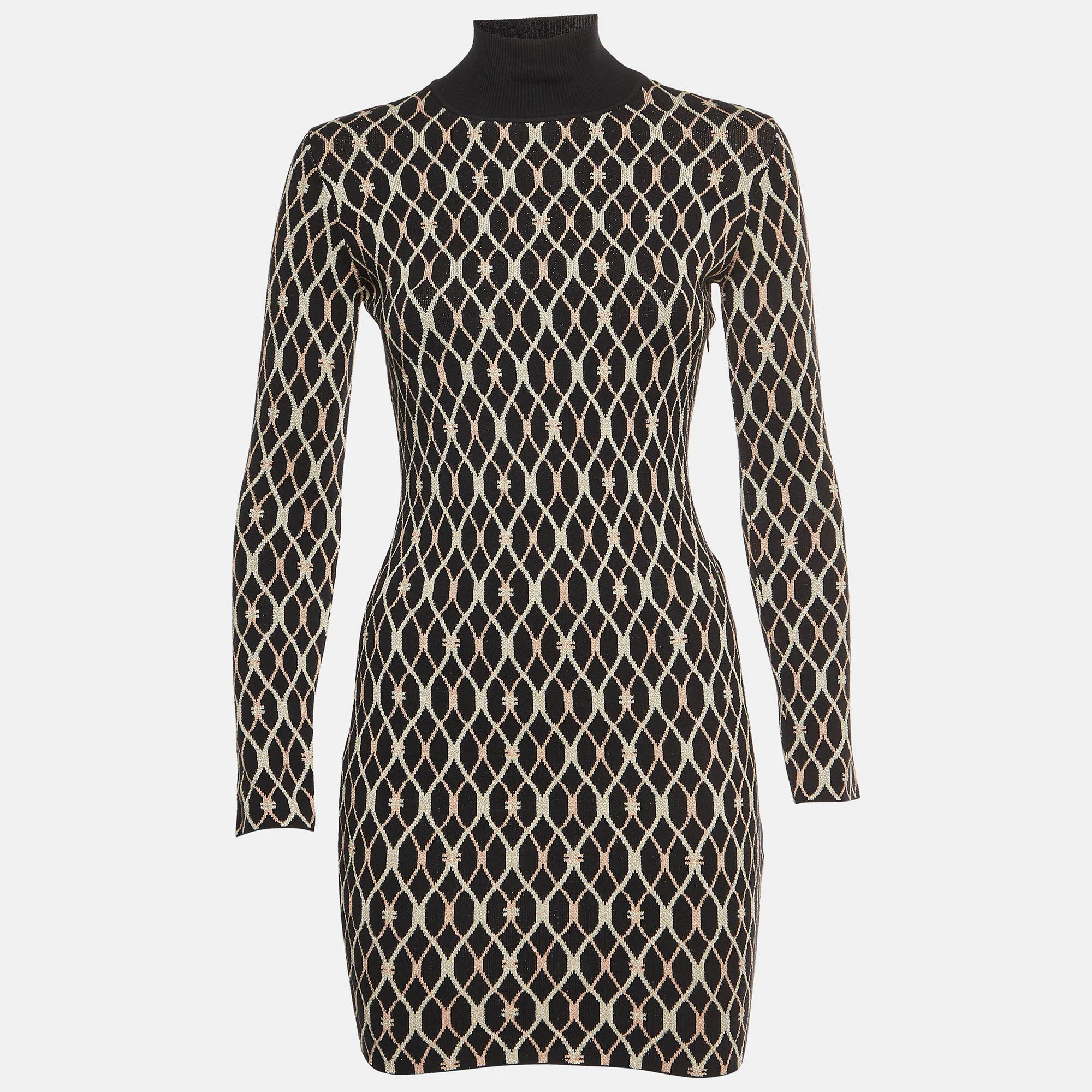 Elisabetta Franchi Black Geometric Pattern Jacquard Knit Mock Neck Mini Dress