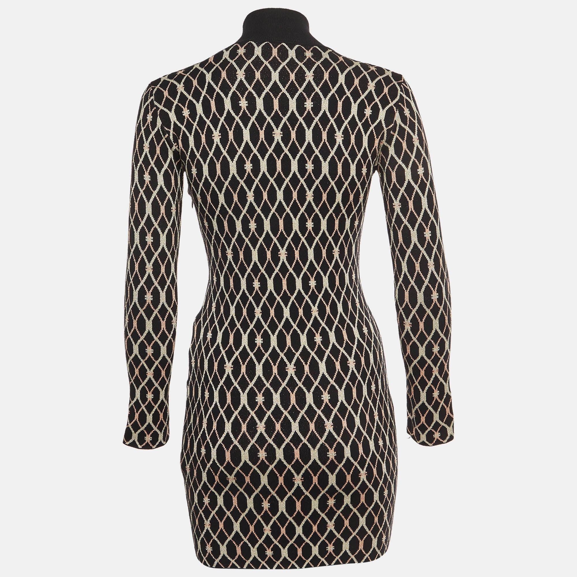 Elisabetta Franchi Black Geometric Pattern Jacquard Knit Mock Neck Mini Dress - Image 3