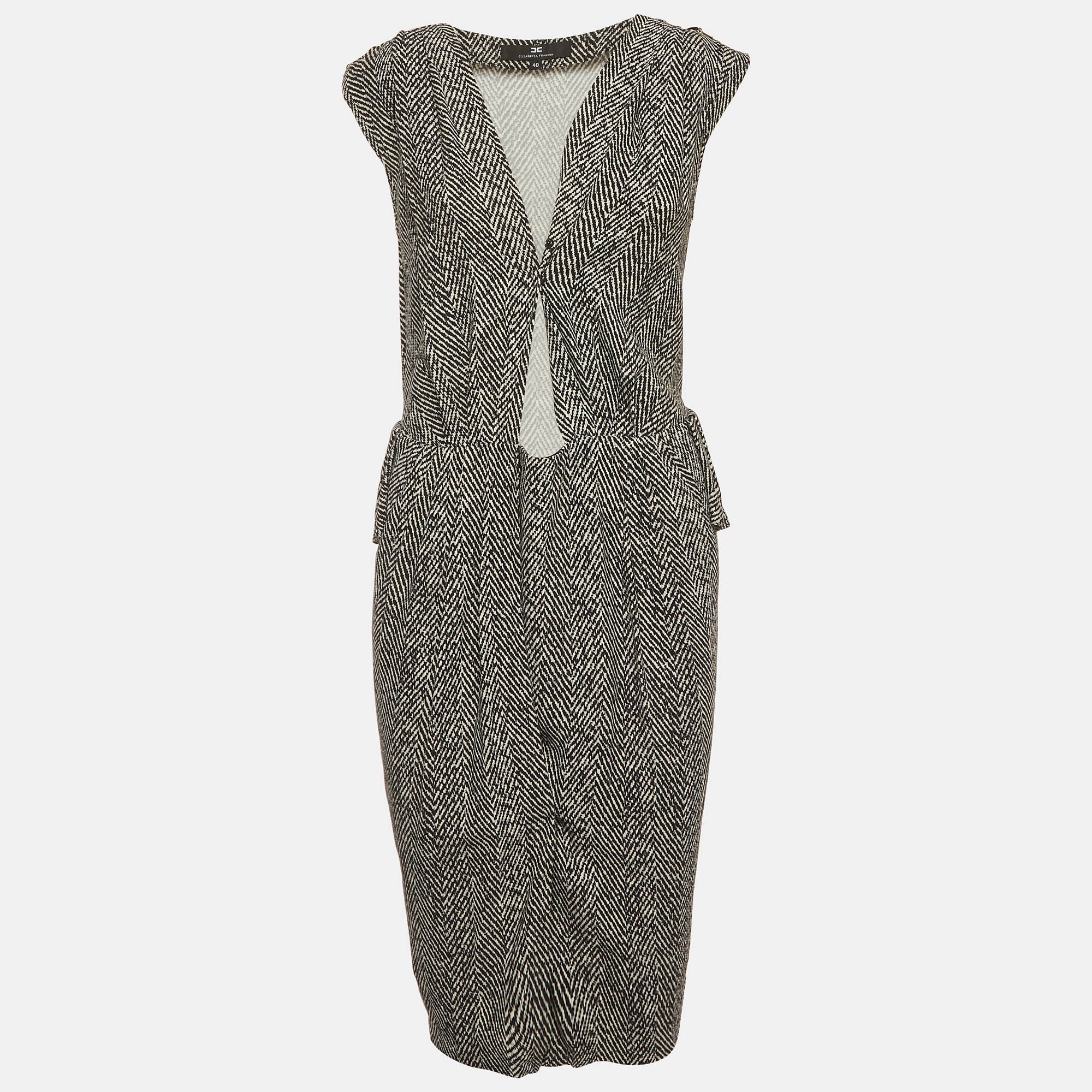 Elisabetta Franchi Black/white Herringbone Stretch Crepe Wrap Mini Dress