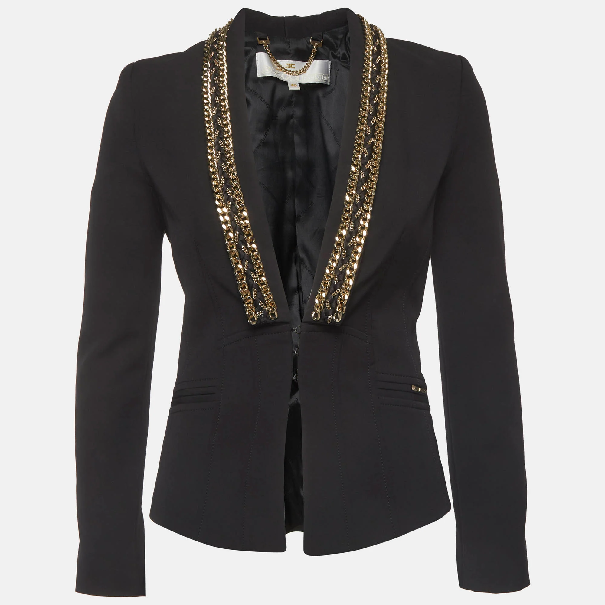 Elisabetta Franchi Gold Black Crepe Chain Trim Blazer