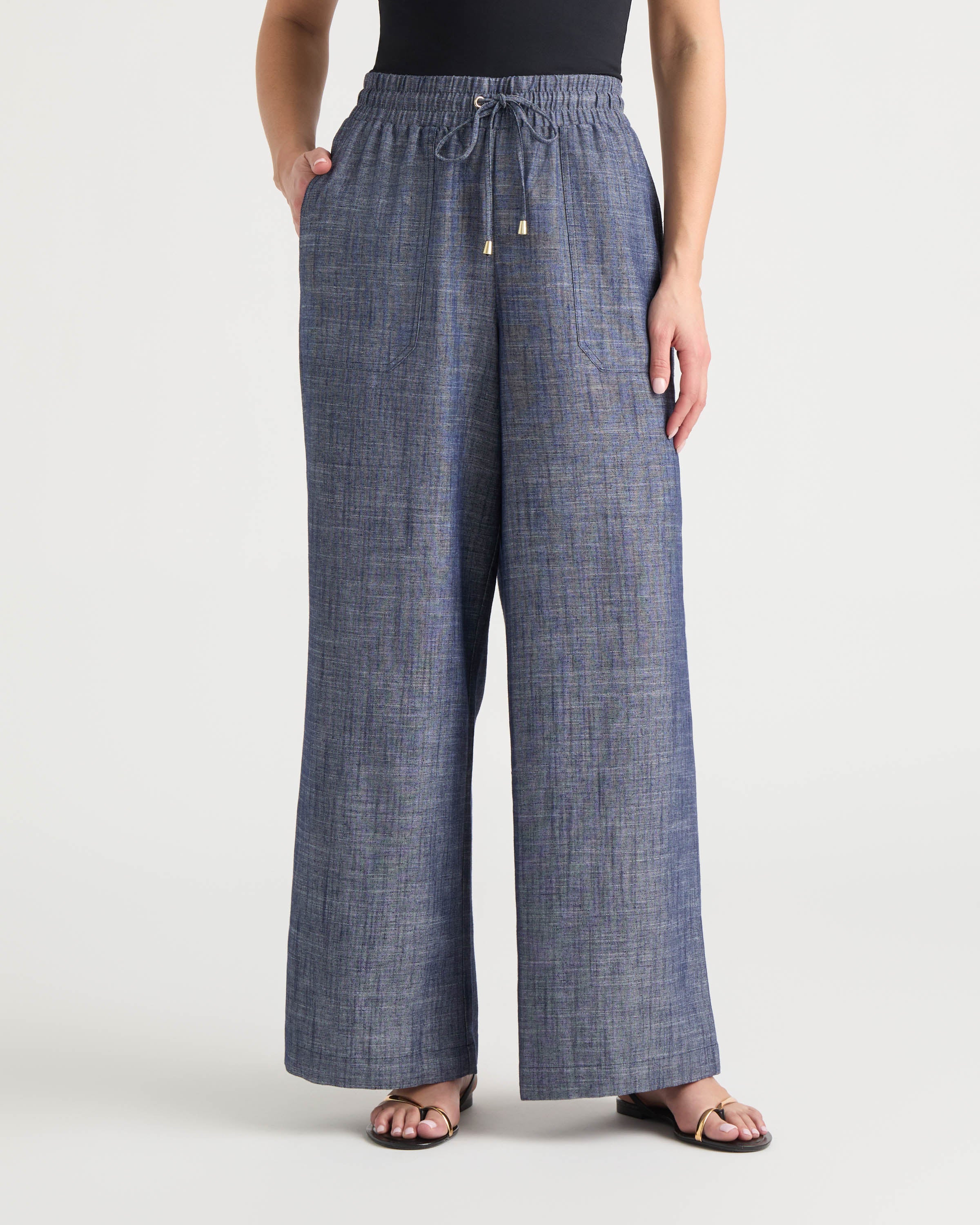 Ellen Tracy Women’s Wide Leg Chambray Pant with Porkchop Pocket