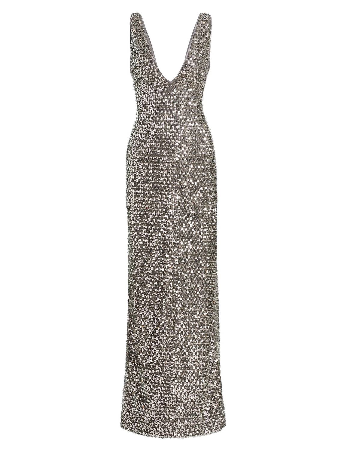 Ellie Sleeveless V Neck Gown In Platinum Sequin - Image 5