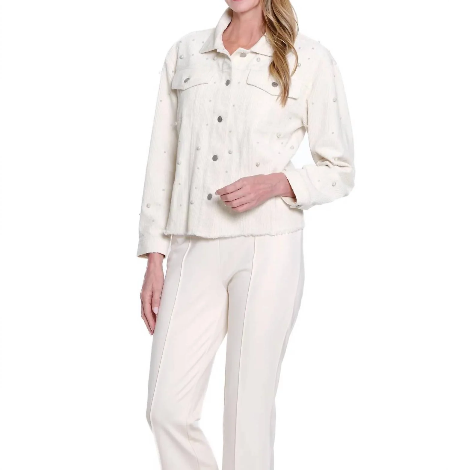 Embellished Corduroy Jean Jacket In Cream - Image 3
