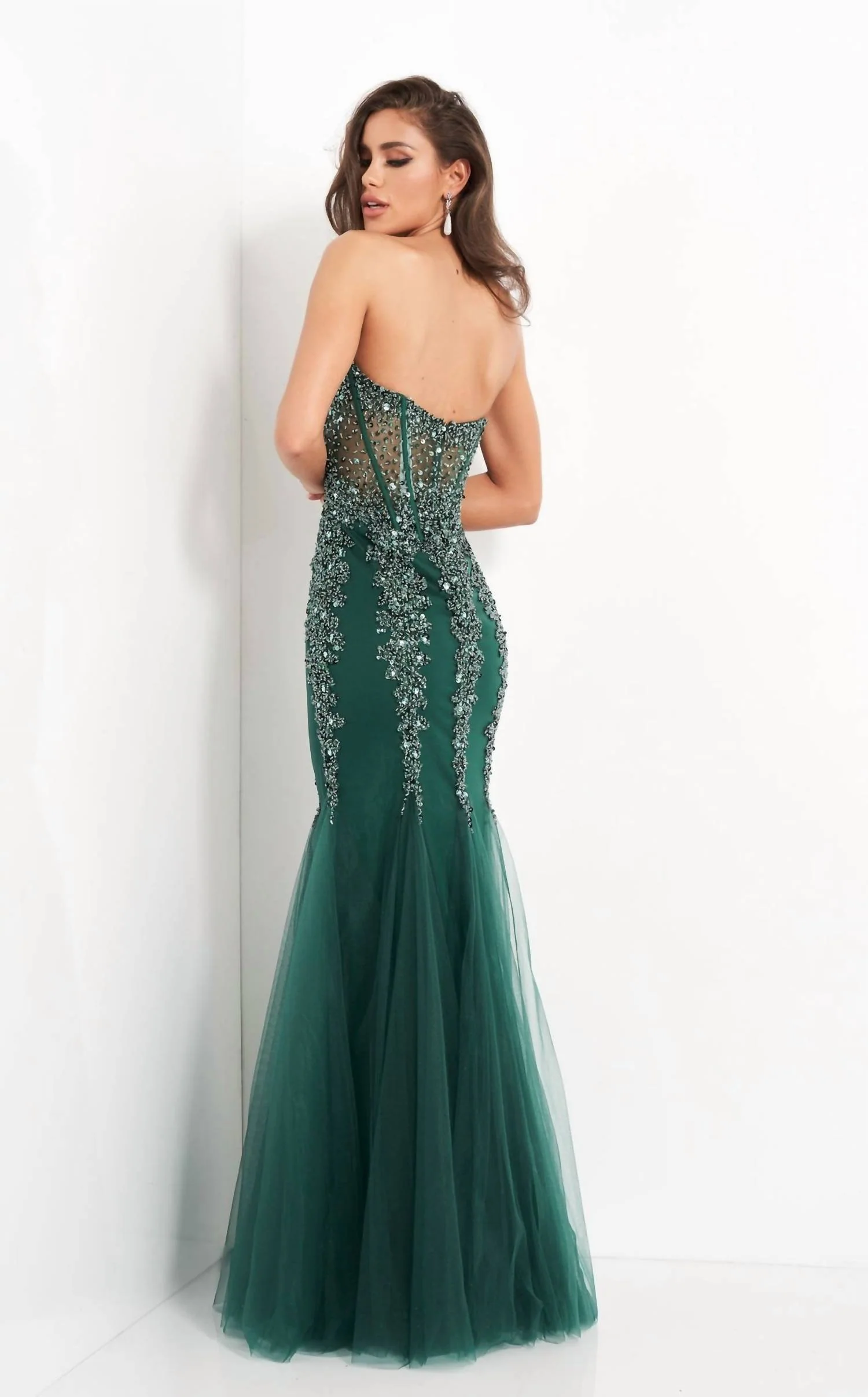 Embellished Corset Bodice Prom Dress In Emerald - Image 3
