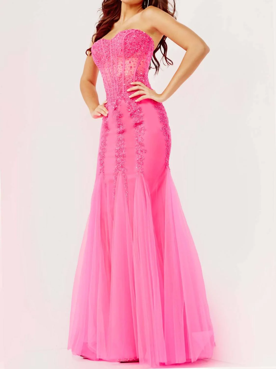 Embellished Corset Bodice Prom Dress In Hot Pink - Image 2