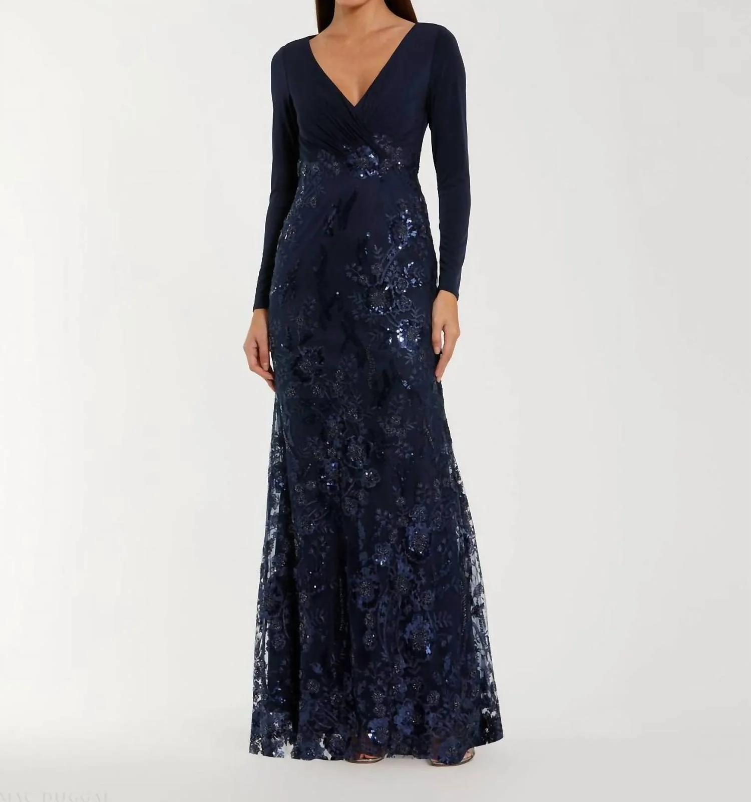 Embellished Long Sleeve Wrap Over Trumpet Gown In Navy