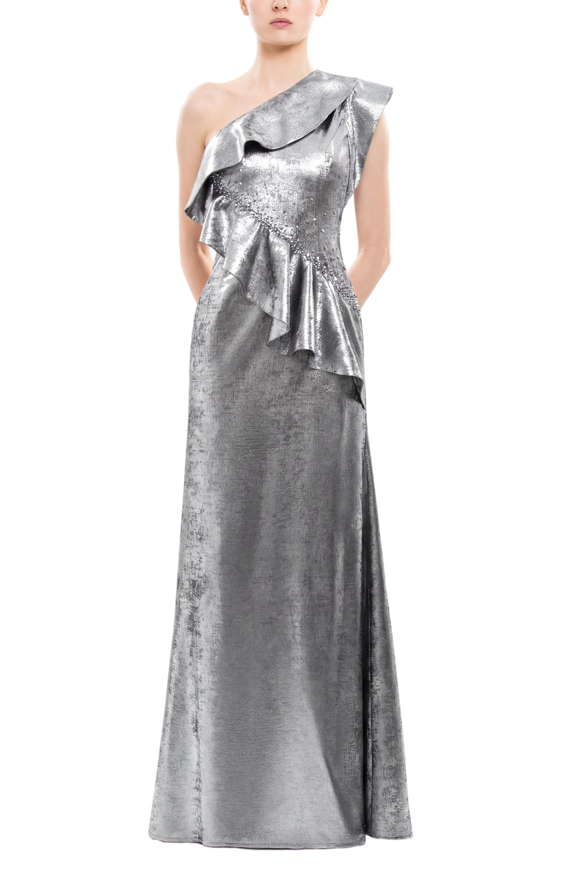 Embellished One-Shoulder Lamé Dress