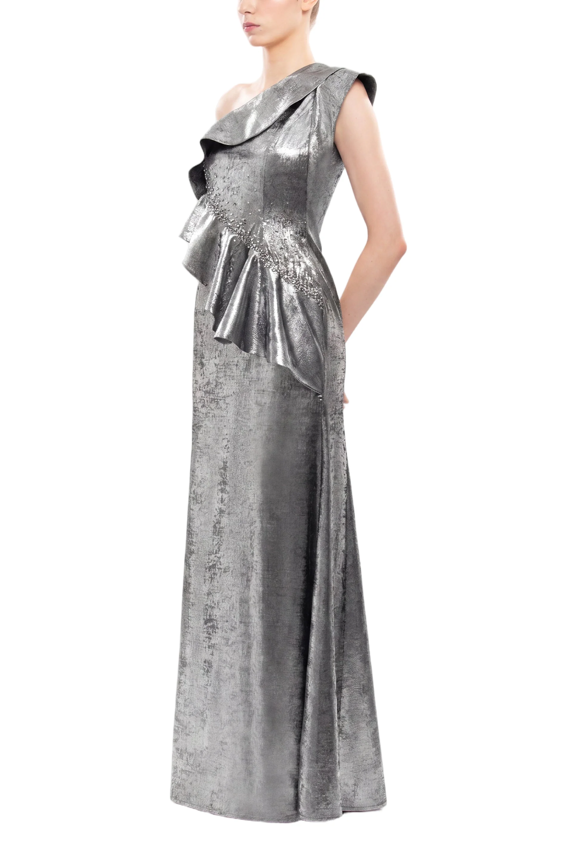 Embellished One-Shoulder Lamé Dress - Image 2