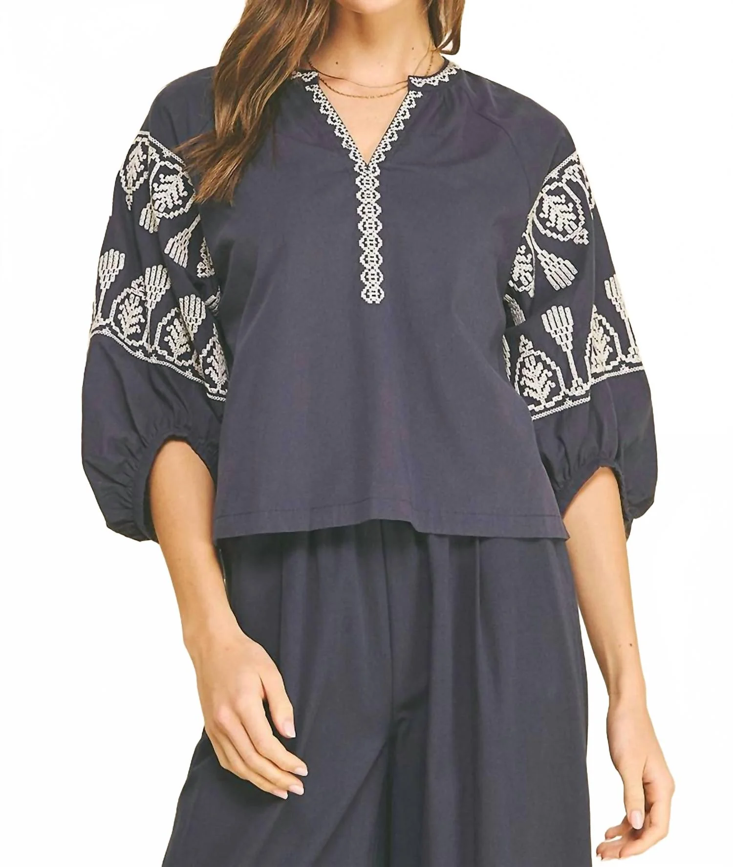 Embroidered Blouse In Navy