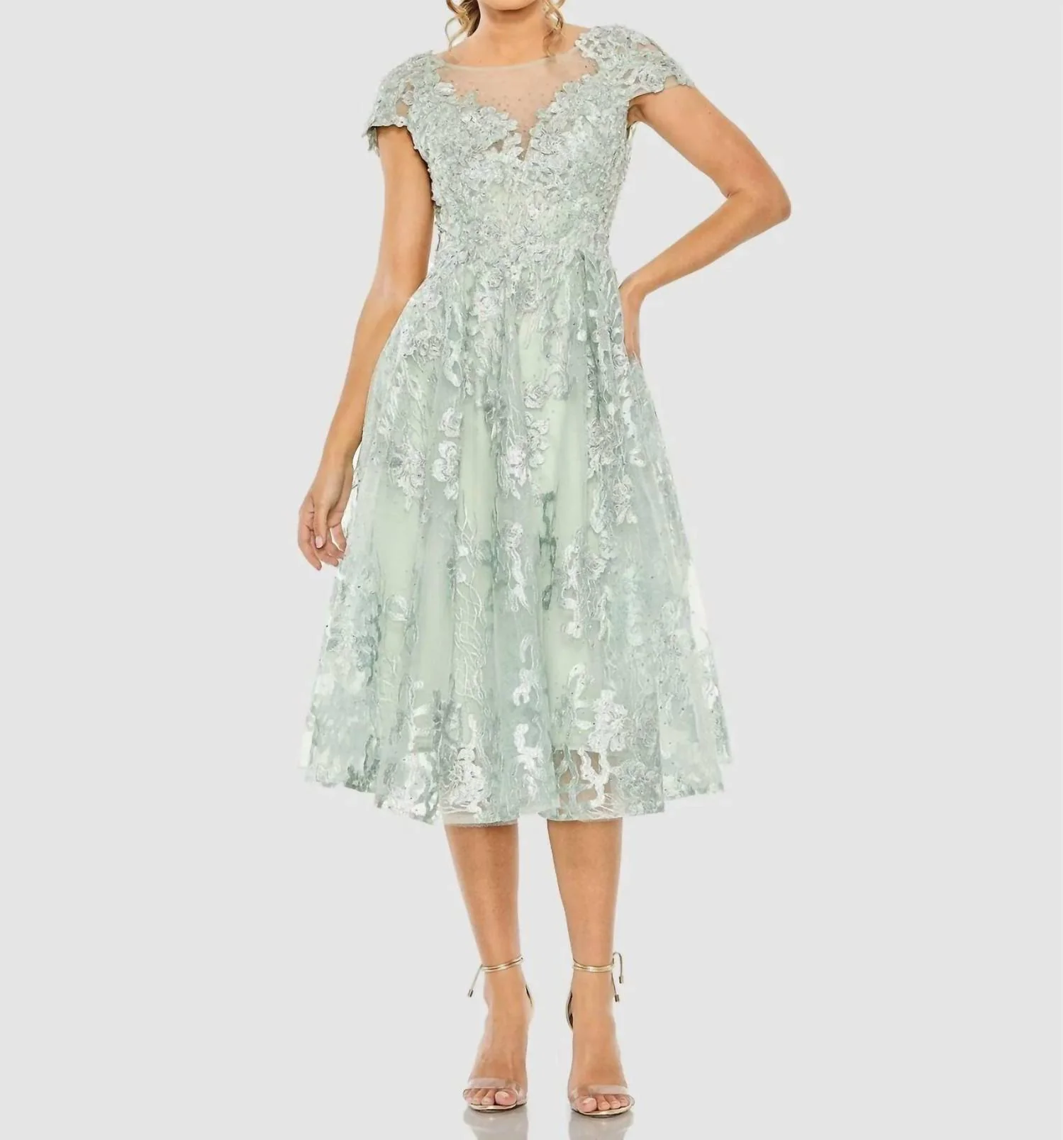 Embroidered Cap Sleeve A Line Dress In Sage