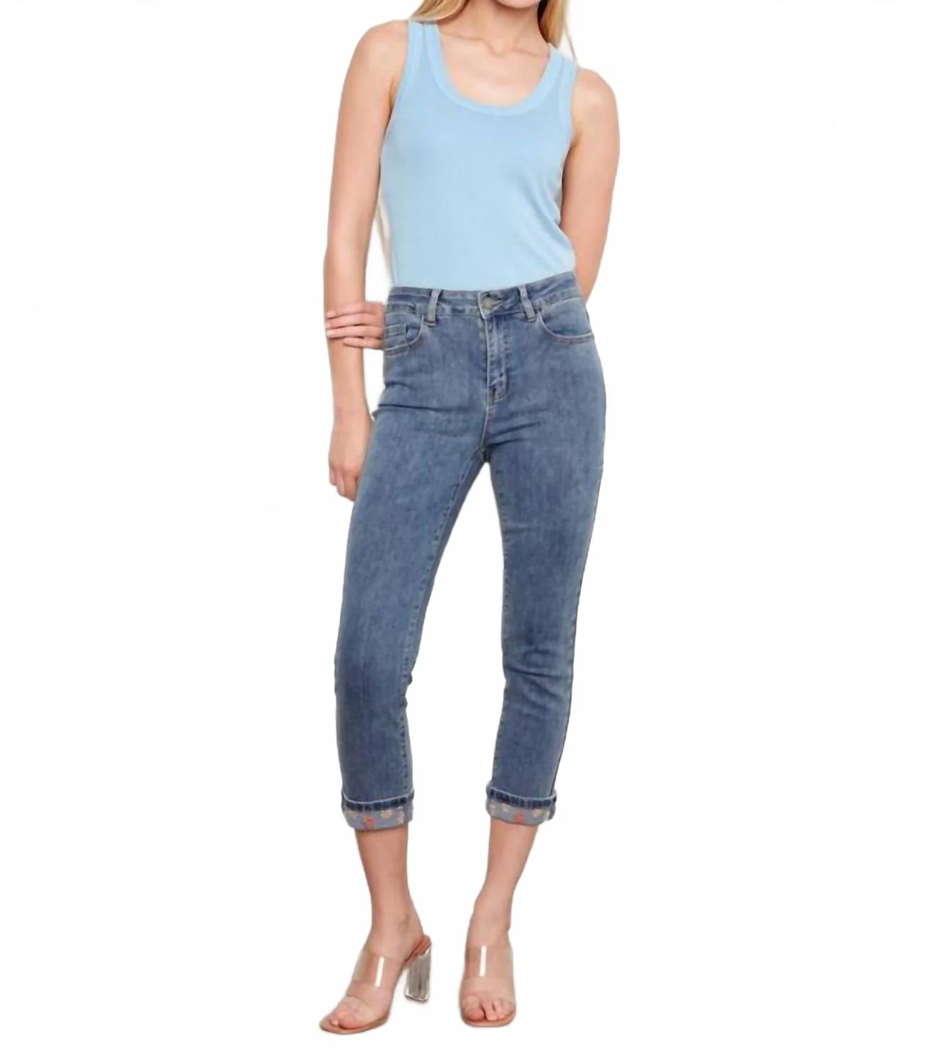Embroidered Cuff Cropped Slim Leg Jeans In Medium Blue