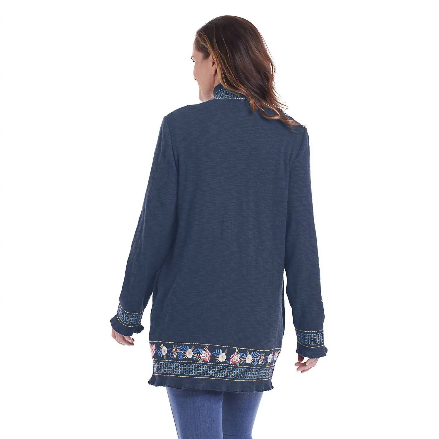 Embroidered Floral Open Front Cardigan In Navy - Image 3