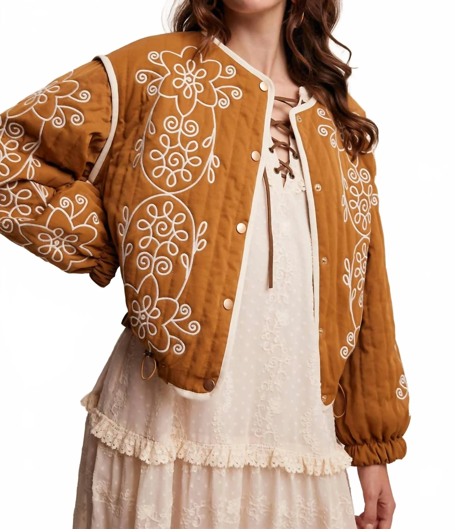 Embroidered Quilted Western Jacket In Camel - Image 2