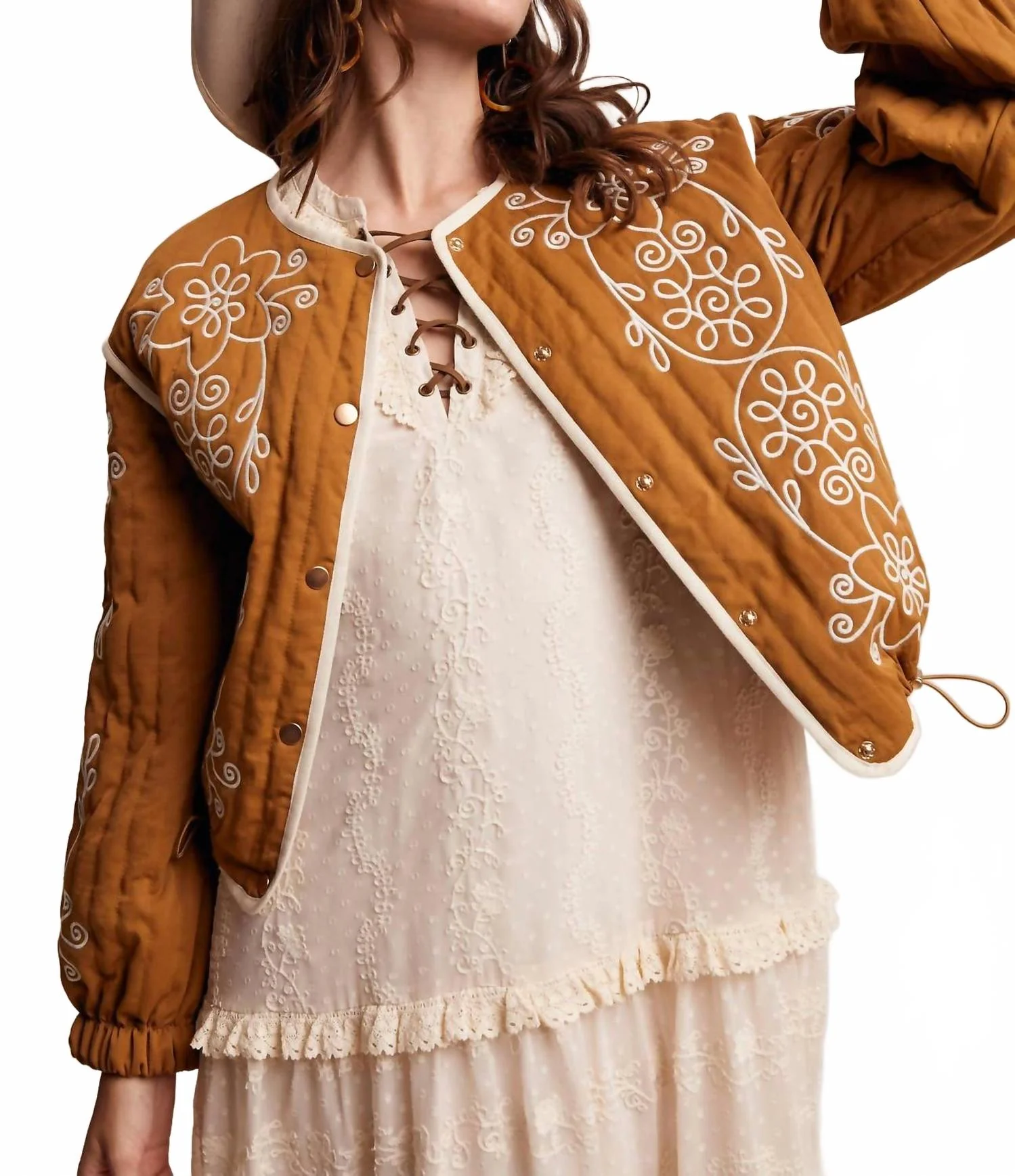 Embroidered Quilted Western Jacket In Camel - Image 3