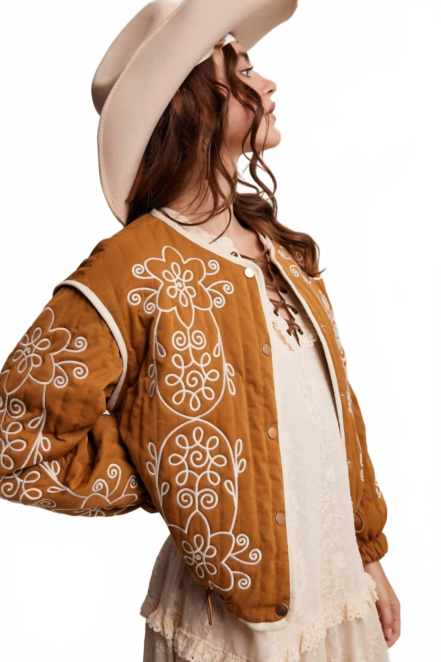 Embroidered Quilted Western Jacket In Camel - Image 4