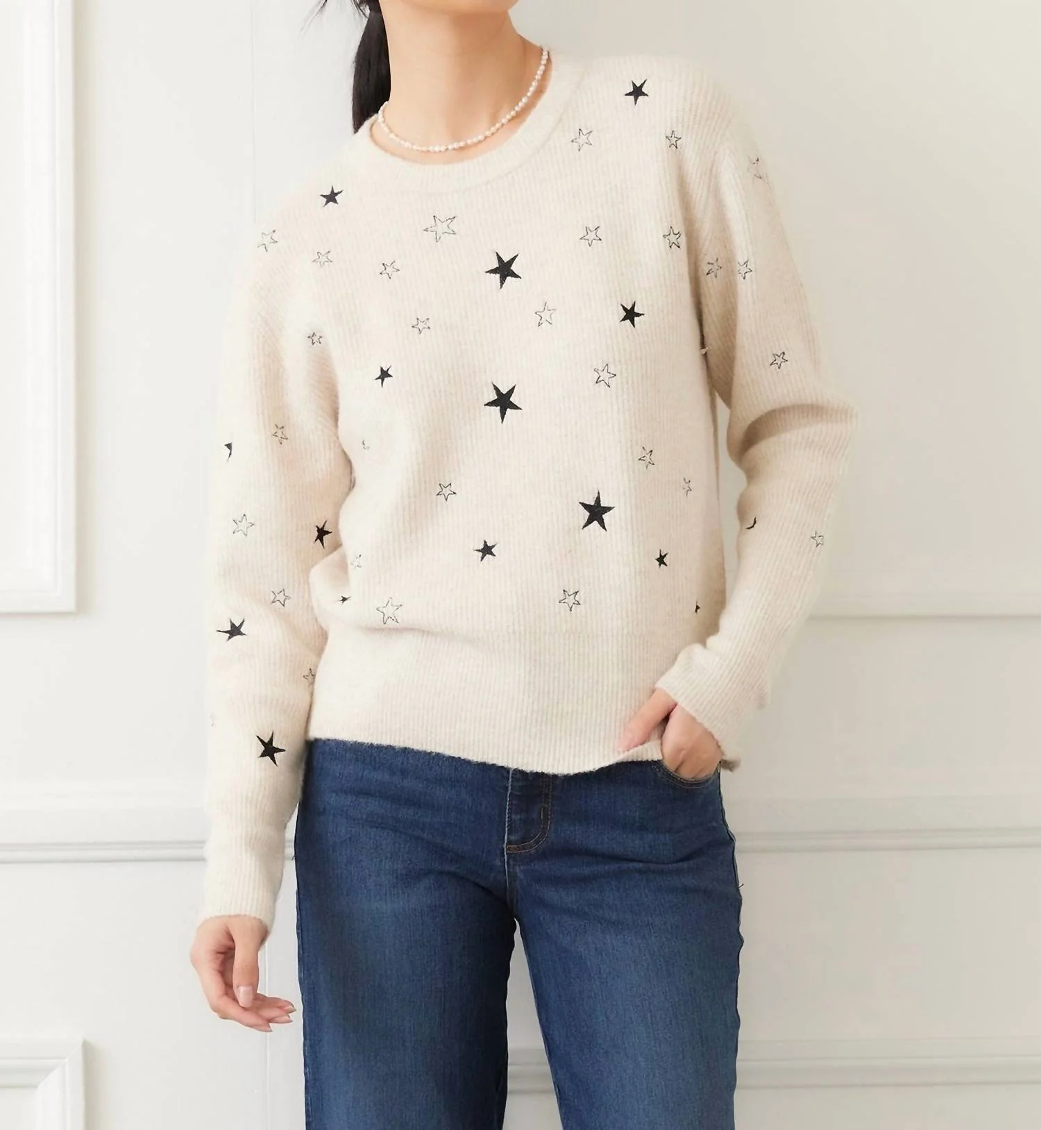 Embroidered Stars Sweater In Oatmeal