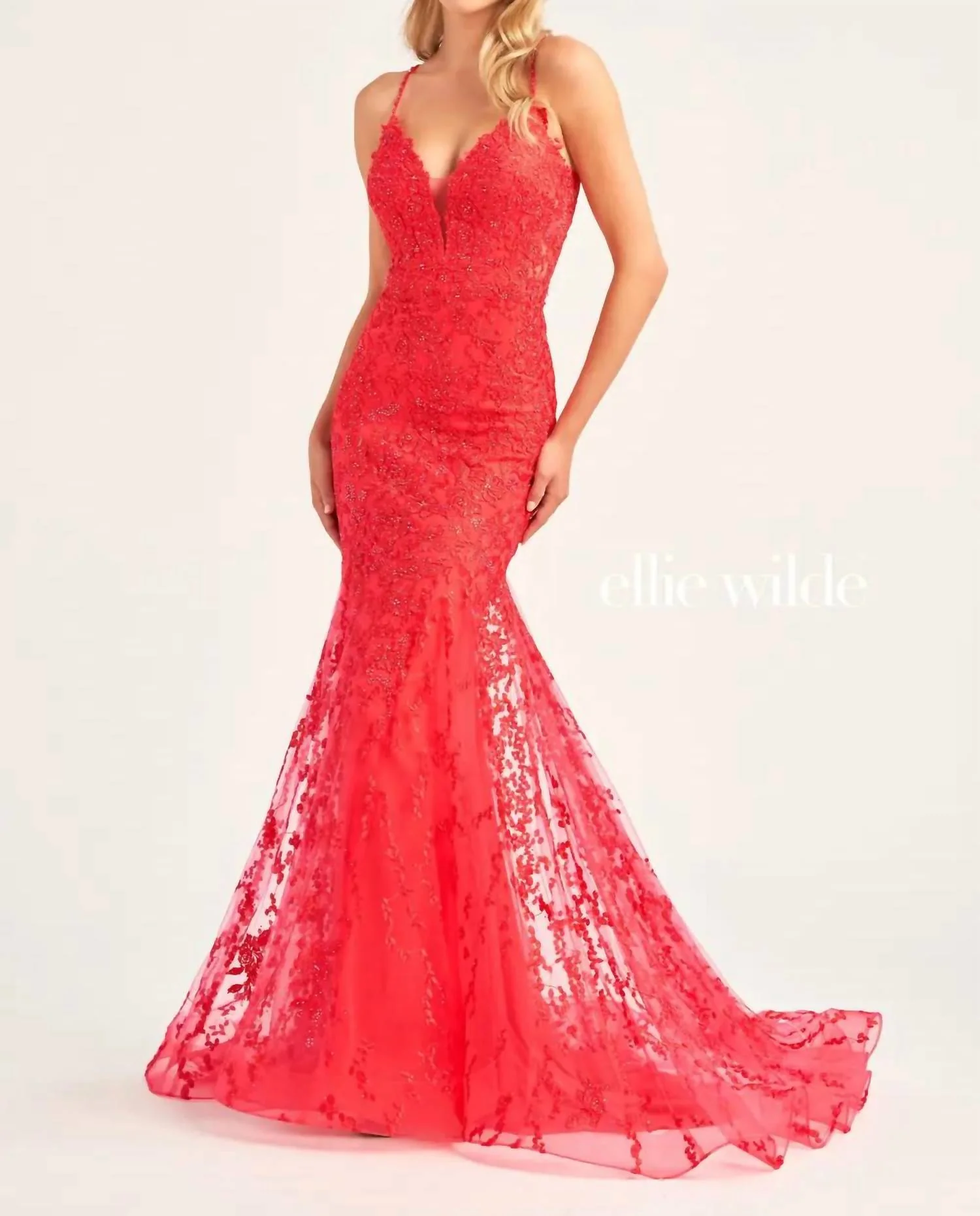 Embroidered Tulle Plunging V-Neckline And Low Back Mermaid Dress In Strawberry