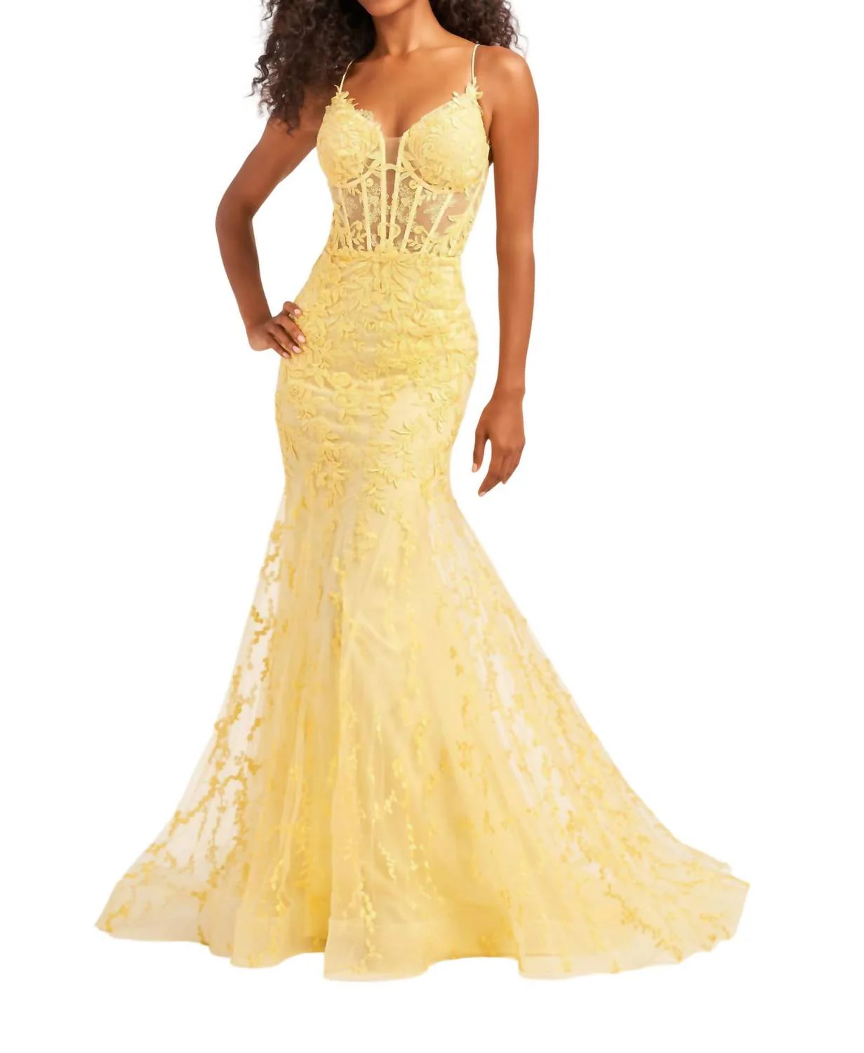 Embroidered Tulle Prom Dress In Light Yellow