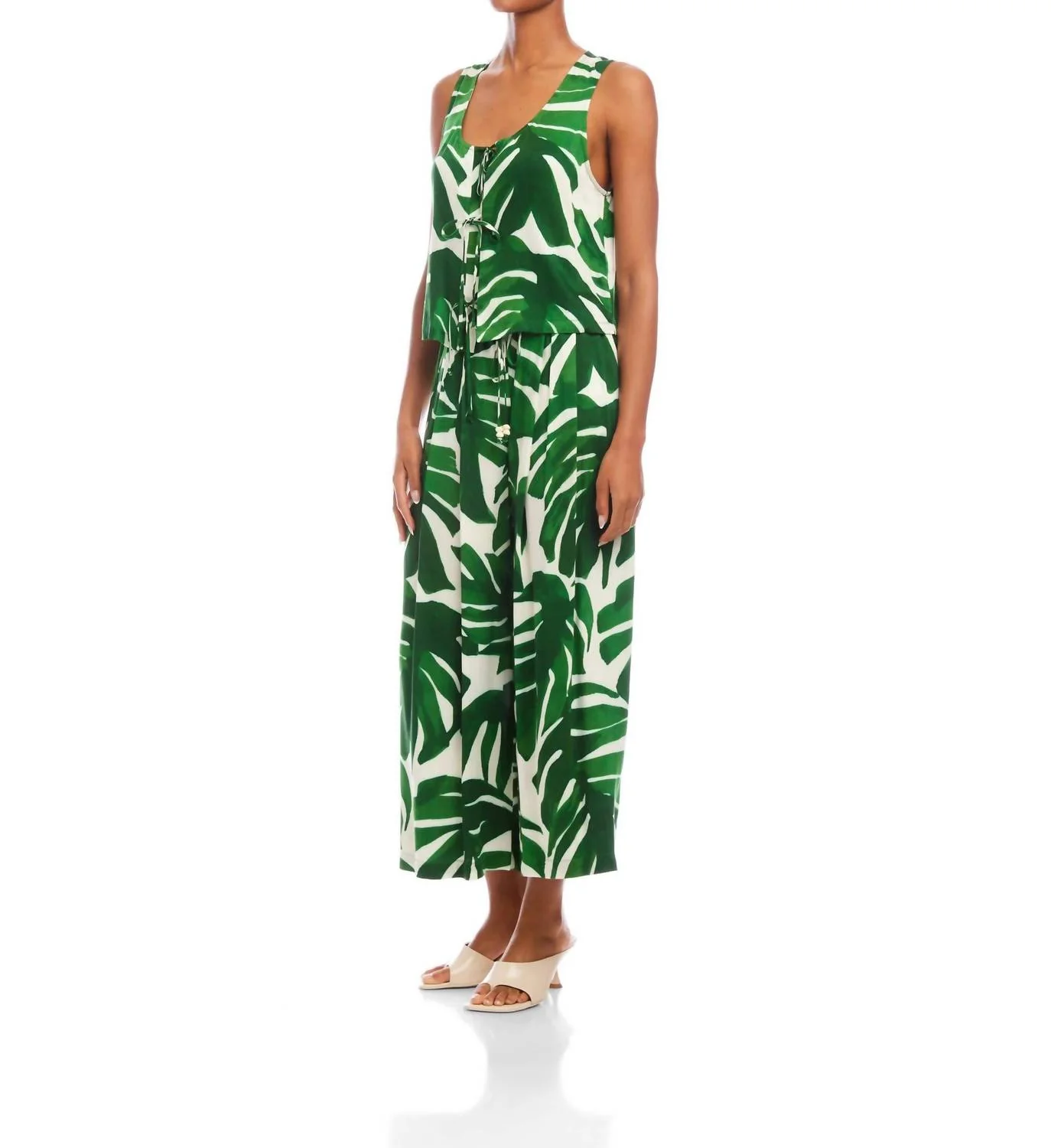 Emery Tie Front Sleeveless Top In Monstera Satin Print - Image 3