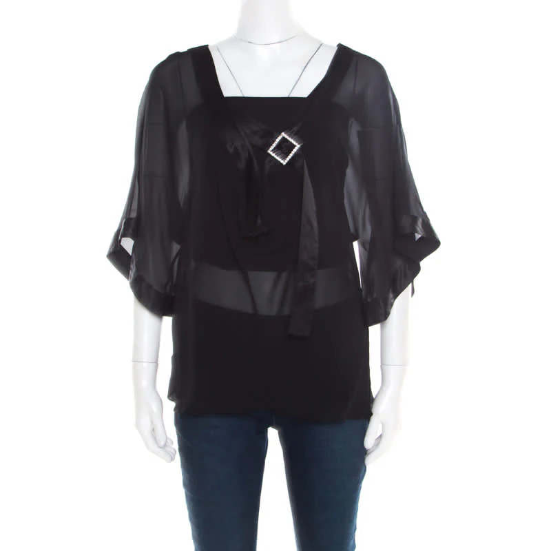 Emporio Armani Black Sheer Silk Embellished Satin Trim Blouse