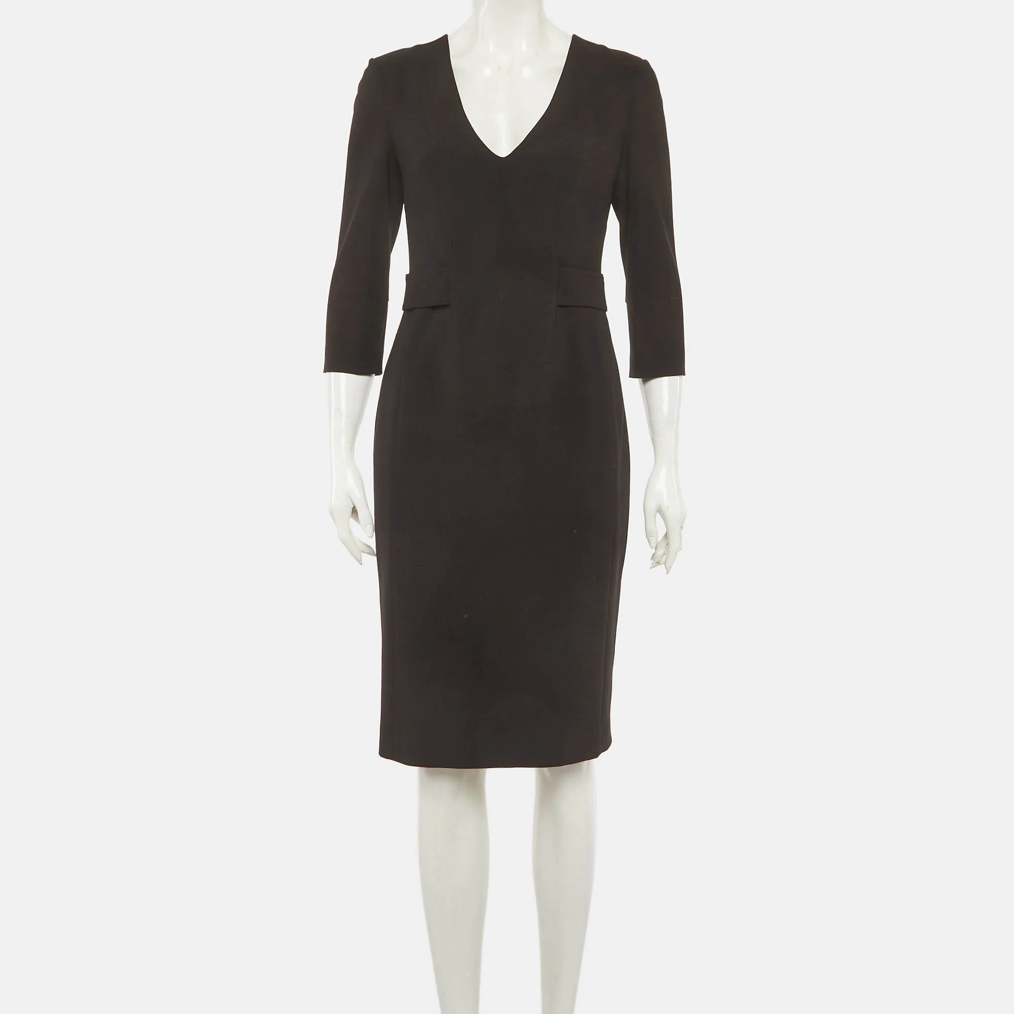 Emporio Armani Black Stretch Crepe V Neck Sheath Midi Dress - Image 2
