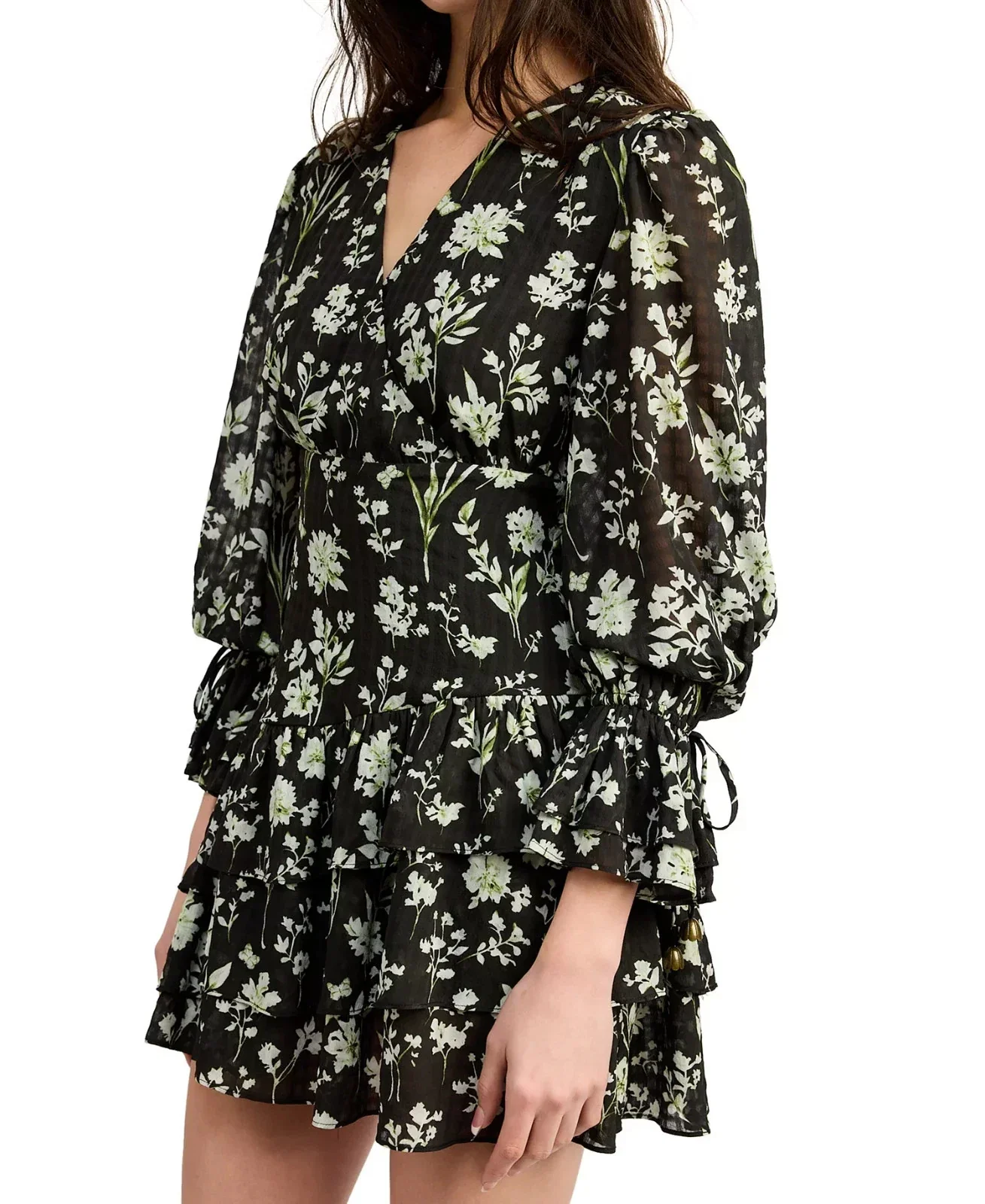 En Saison Emory Mini Dress Women's Black Floral Ruffle Hem V-Neck PAL59 - Image 4
