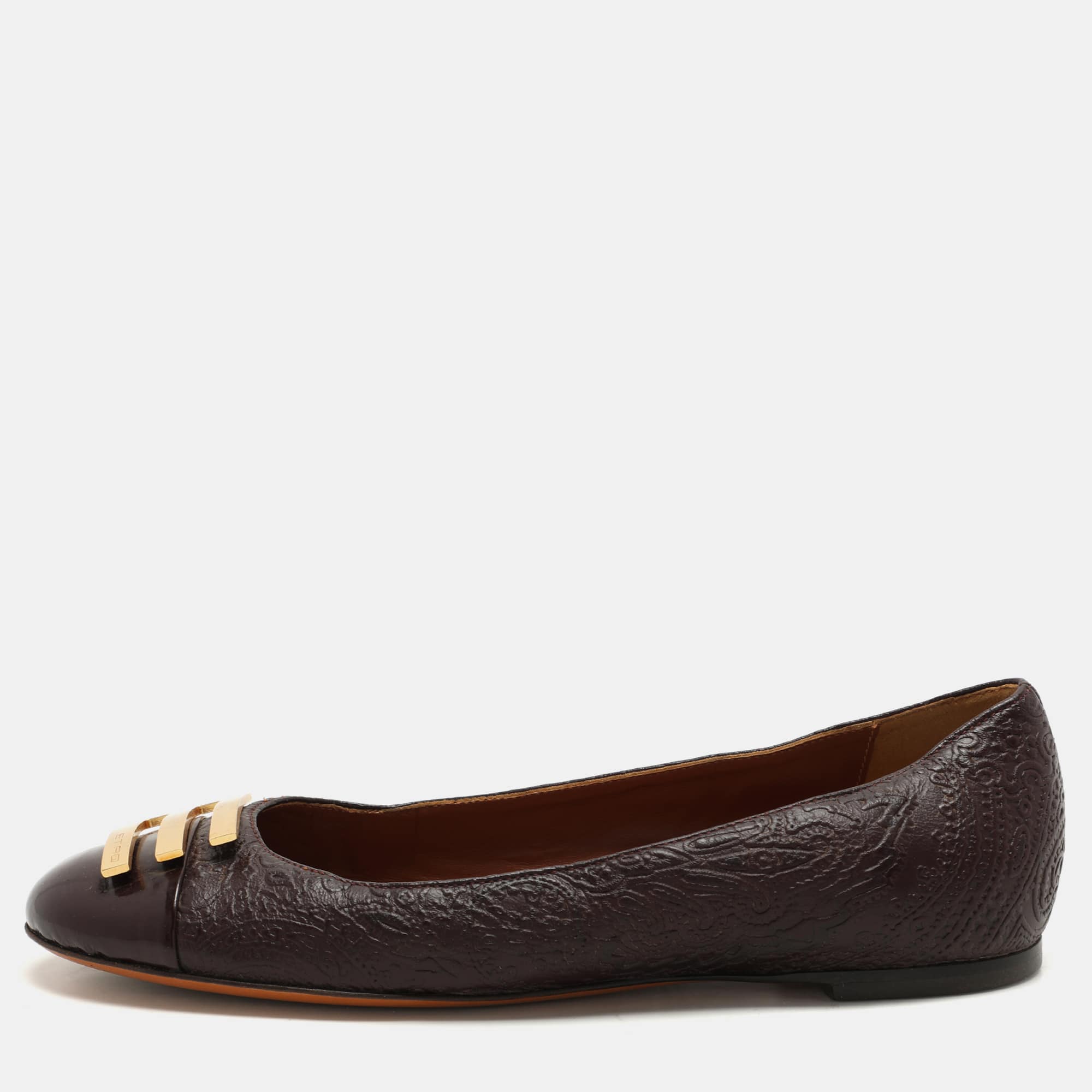 Etro Brown Embossed Leather Embellished Cap Toe Ballet Flats