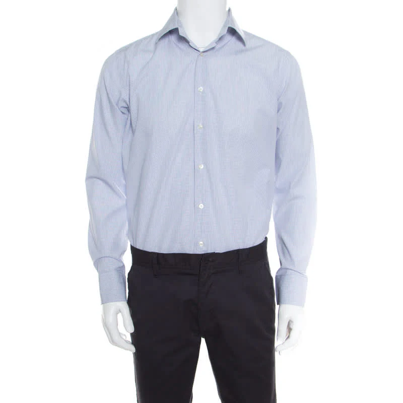 Etro White And Blue Checked Cotton Long Sleeve Button Front Shirt
