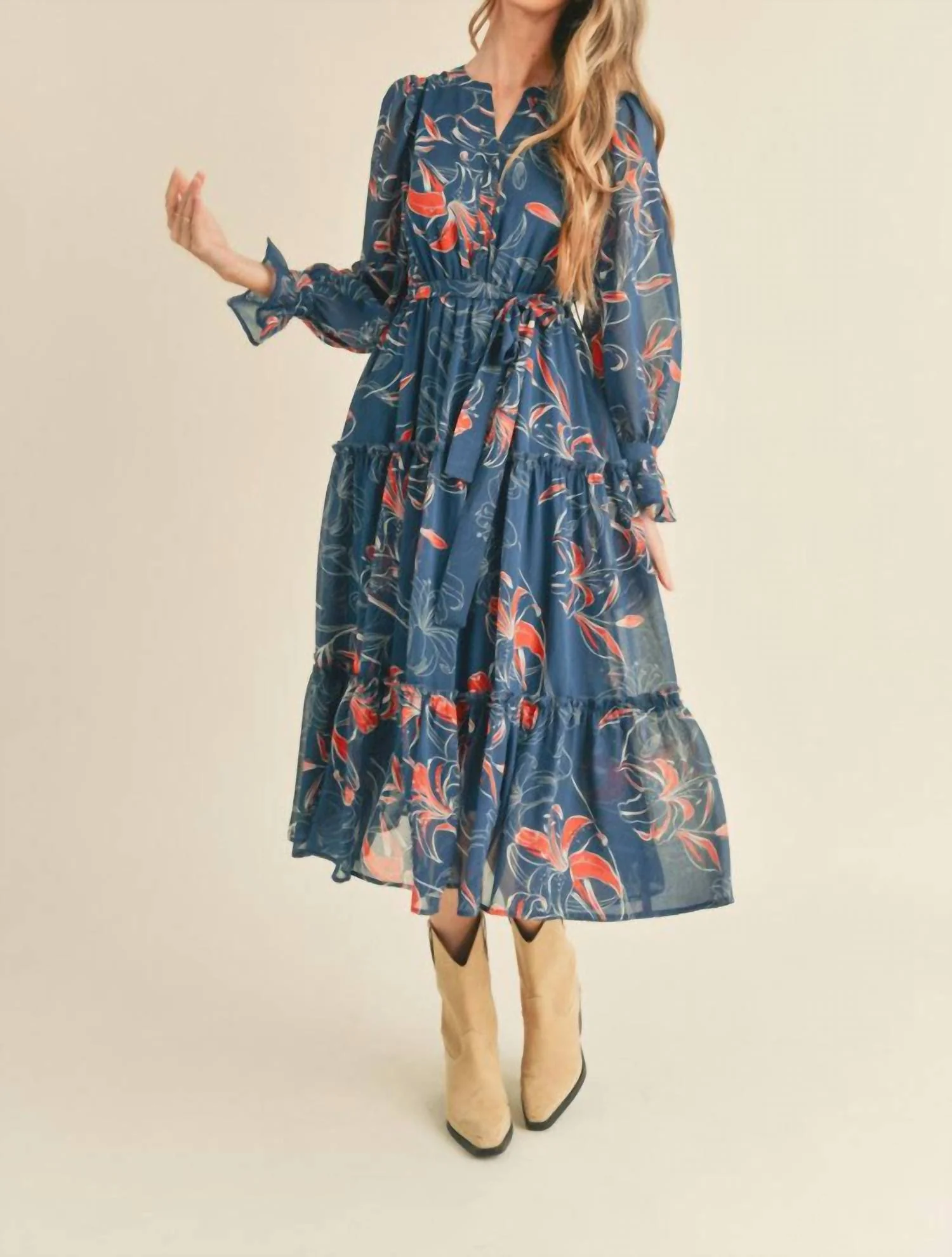 Exclusive Floral Print Tiered Midi Long Sleeve Dress In Teal Combo - Image 2