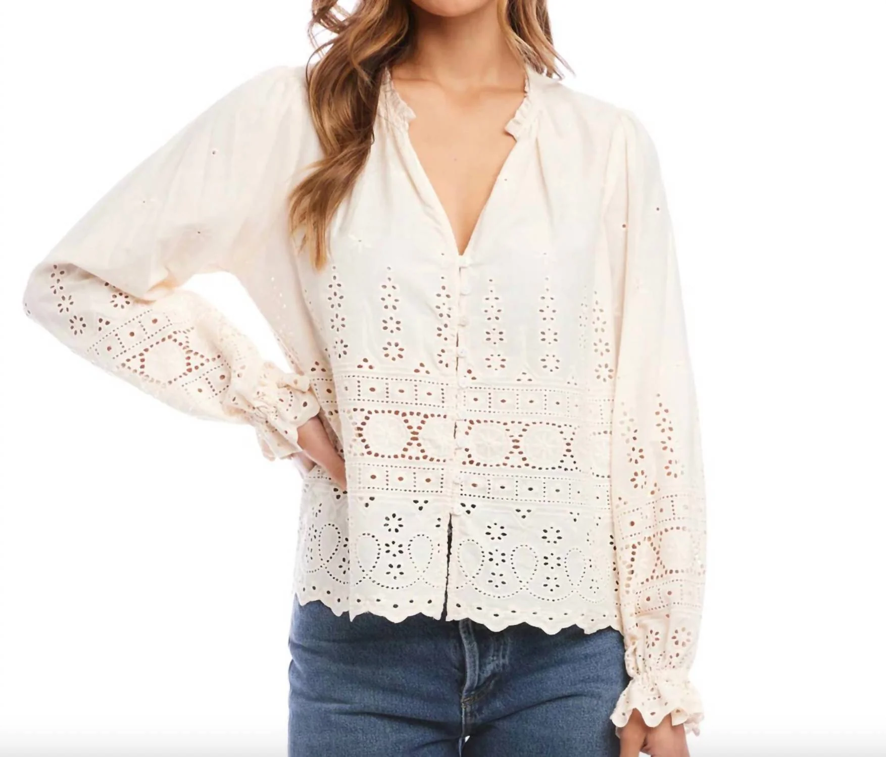 Eyelet Lace Peasant Blouse In Natural