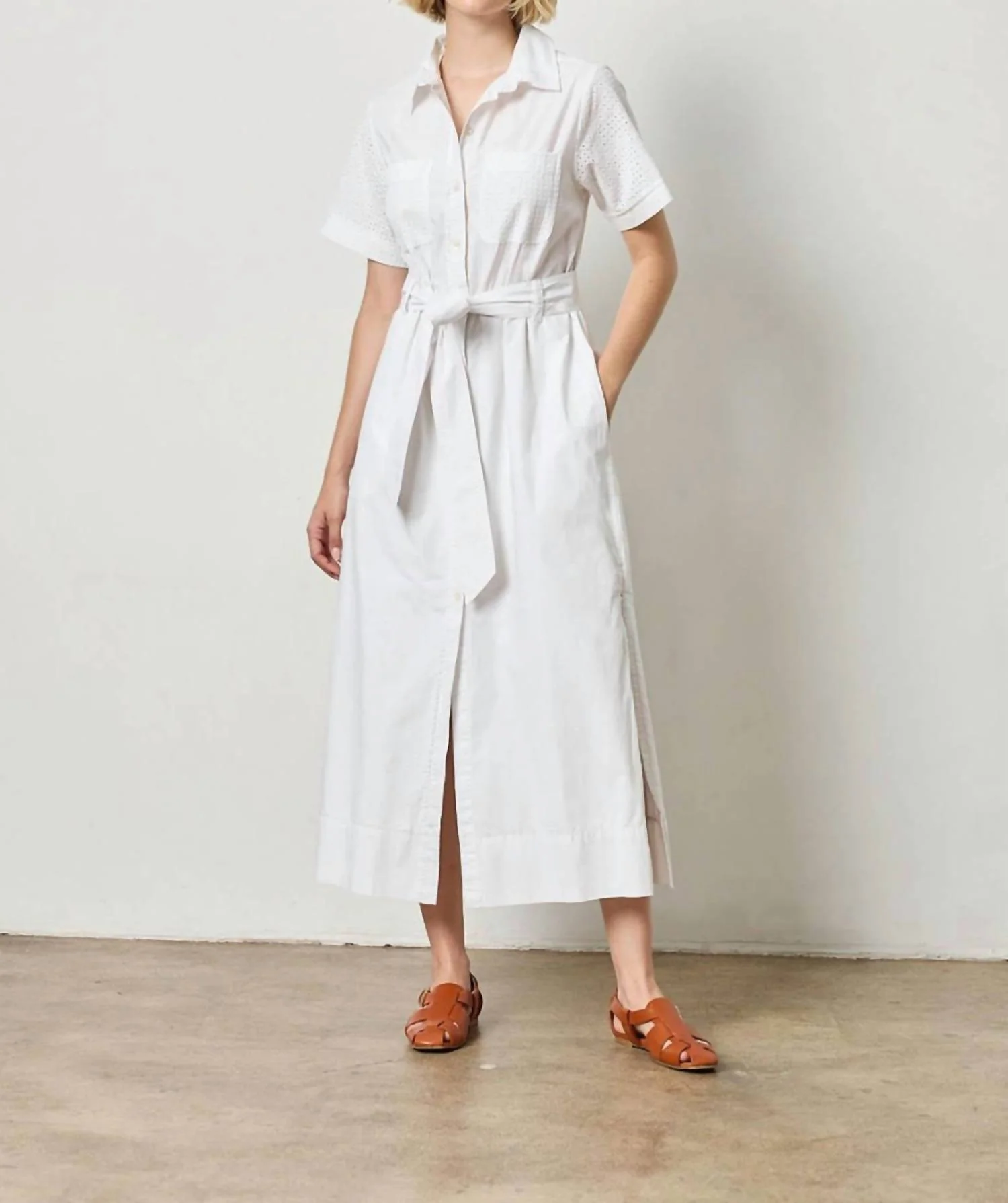 Eyelet Trim Maxi Shirt Dress In White