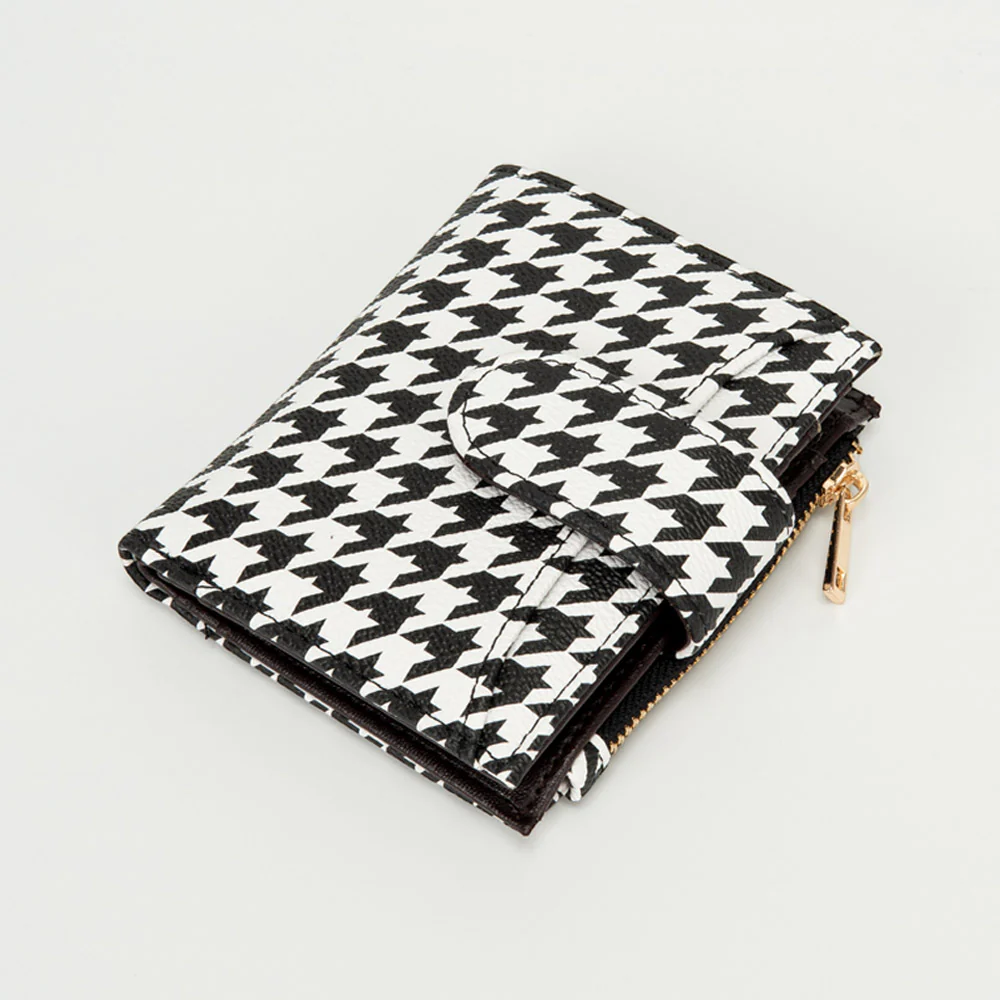 Faux Leather Compact Houndstooth Card Organizer Wallet