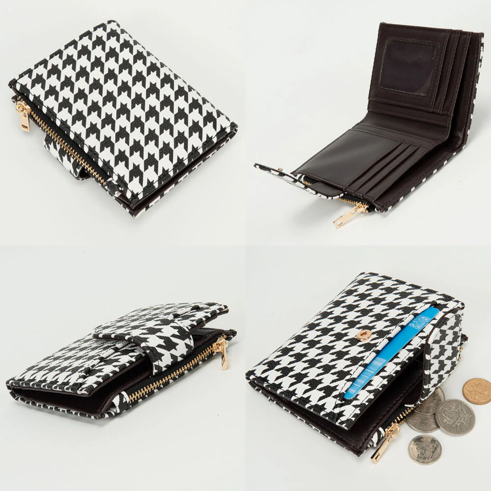 Faux Leather Compact Houndstooth Card Organizer Wallet - Image 3
