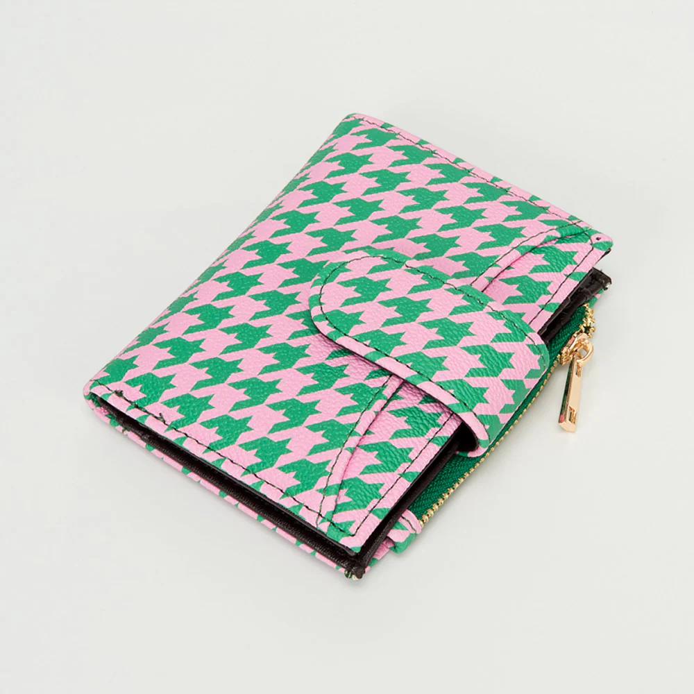 Faux Leather Compact Houndstooth Card Organizer Wallet - Image 5
