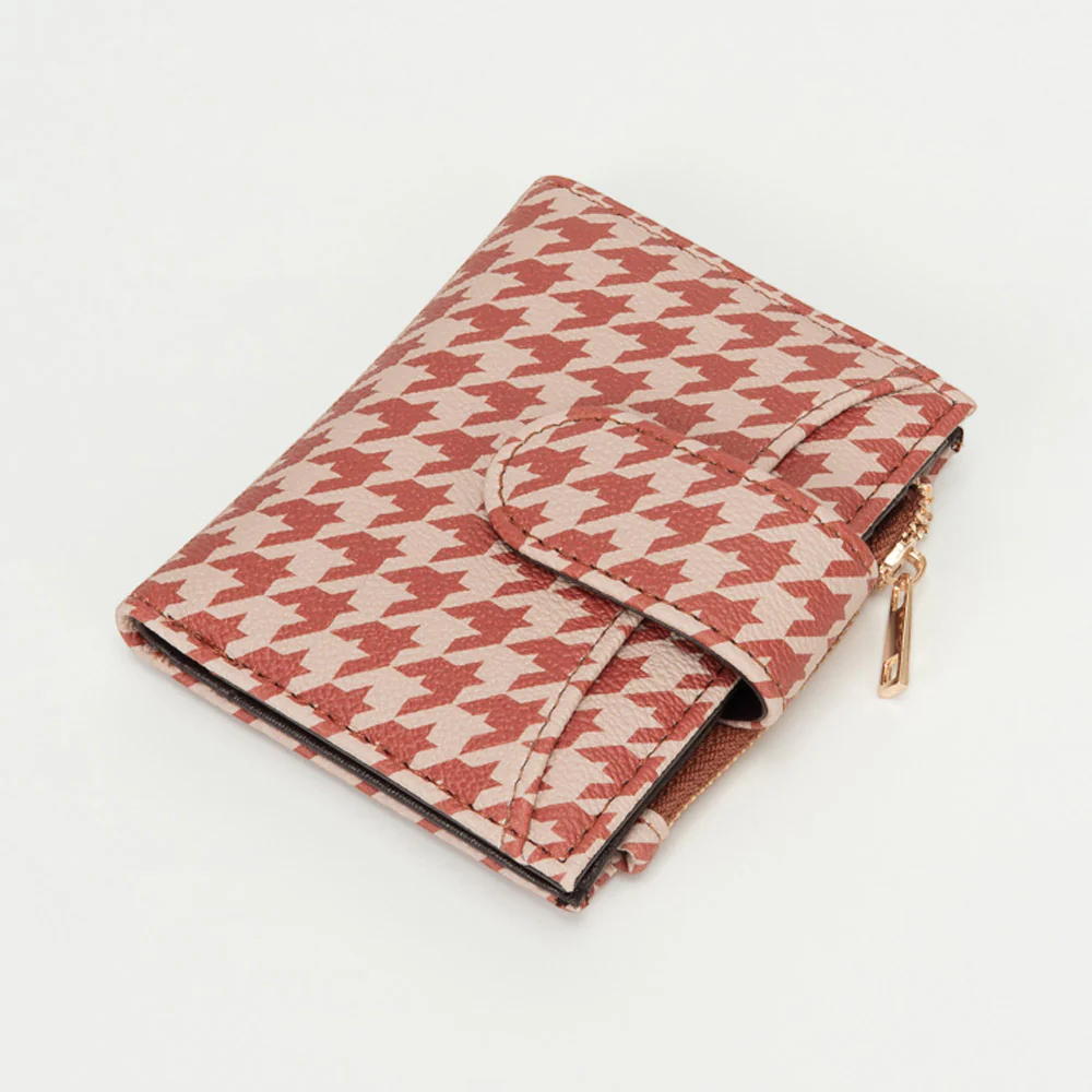 Faux Leather Compact Houndstooth Card Organizer Wallet - Image 7