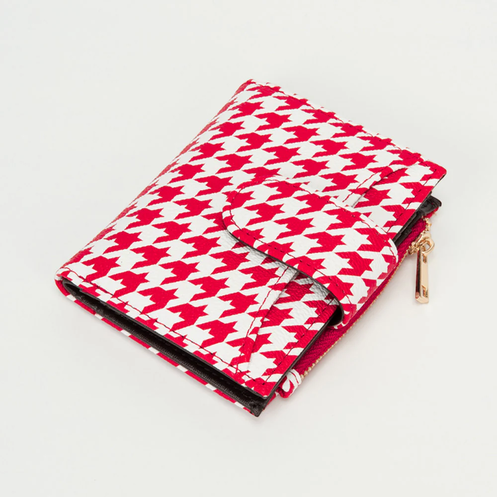 Faux Leather Compact Houndstooth Card Organizer Wallet - Image 8
