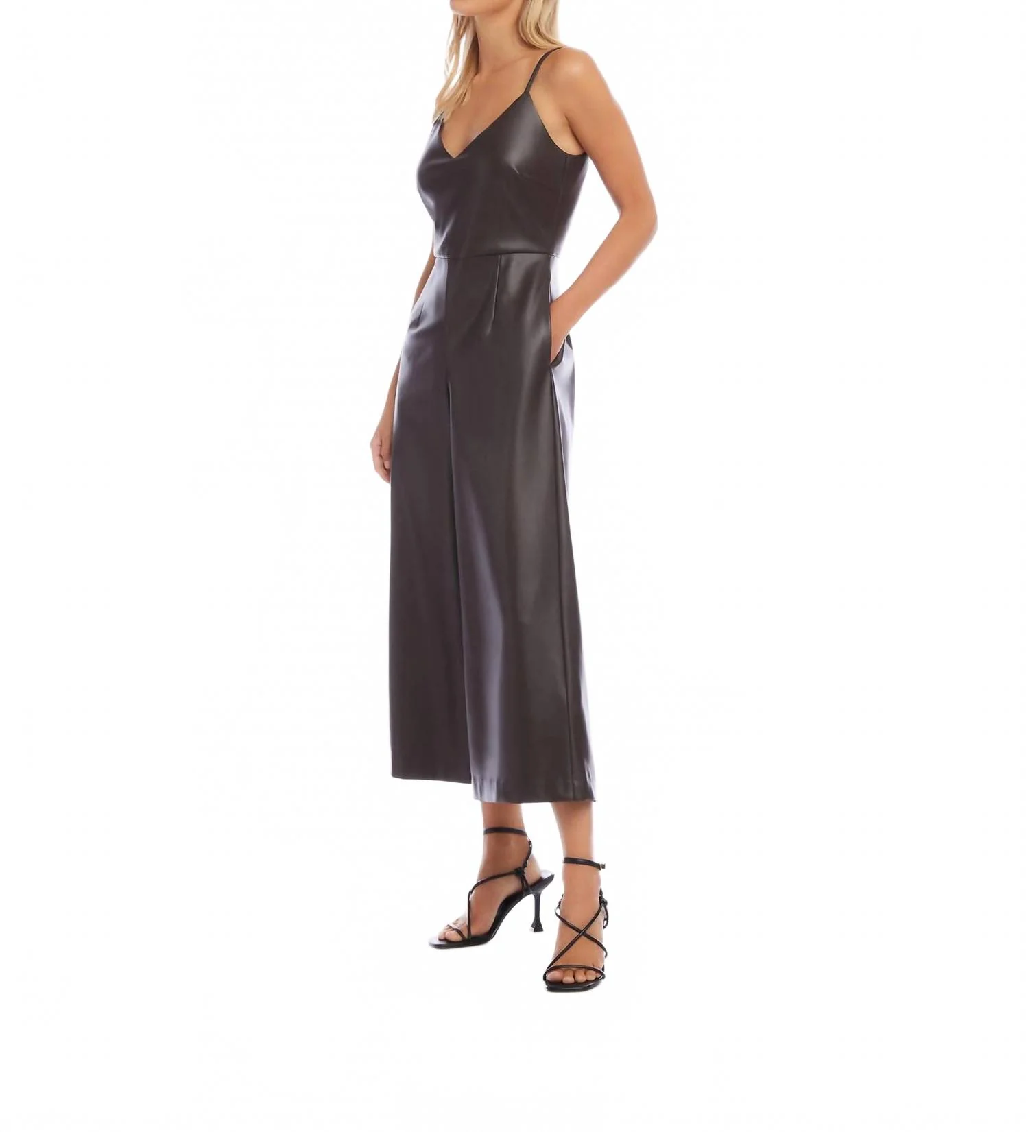 Faux Leather Cropped Jumpsuit In Brown - Image 3