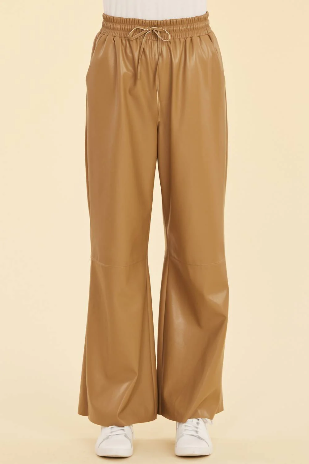 Faux Leather Drawstring Pant In Camel