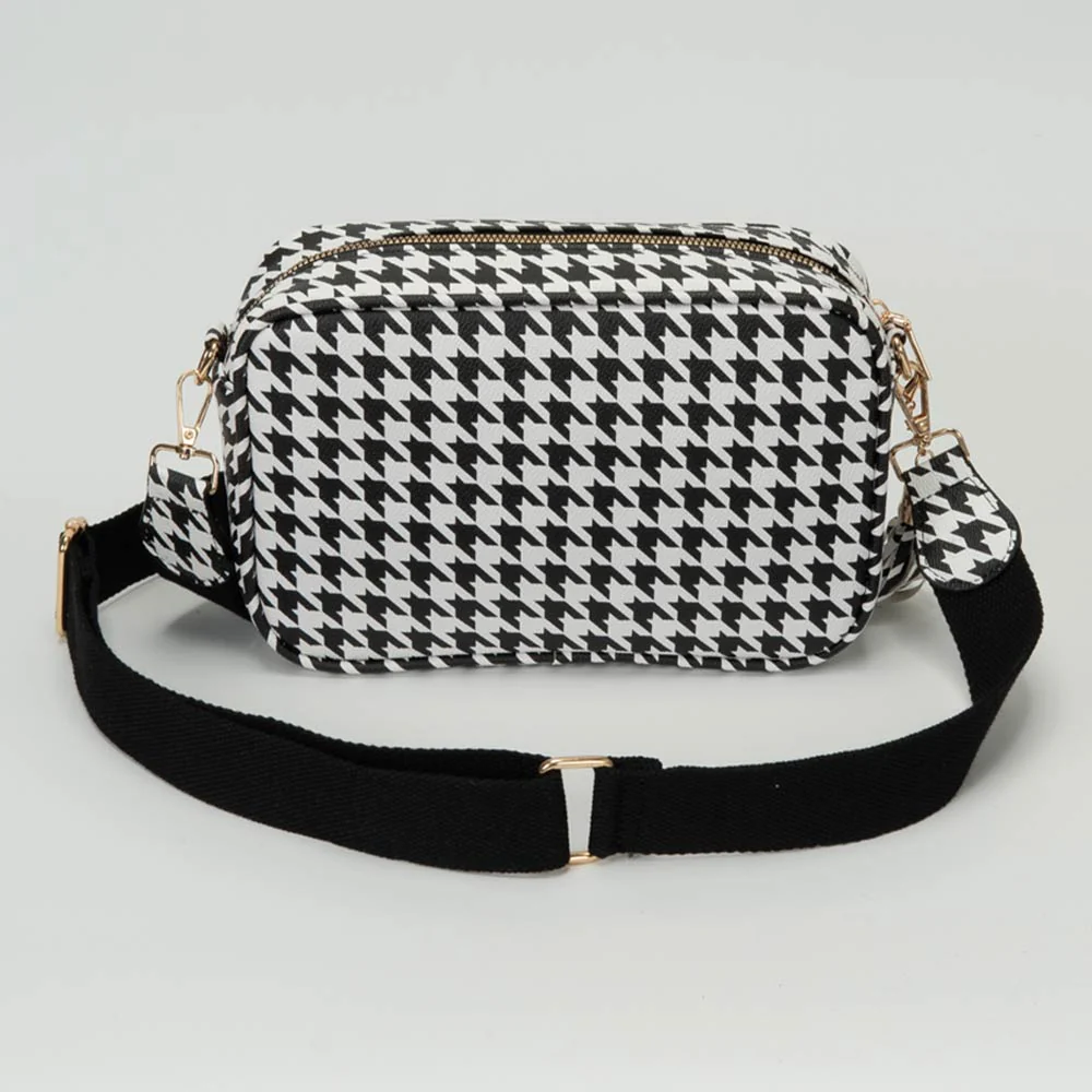 Faux Leather Houndstooth Pattern Crossbody Bag - Image 3