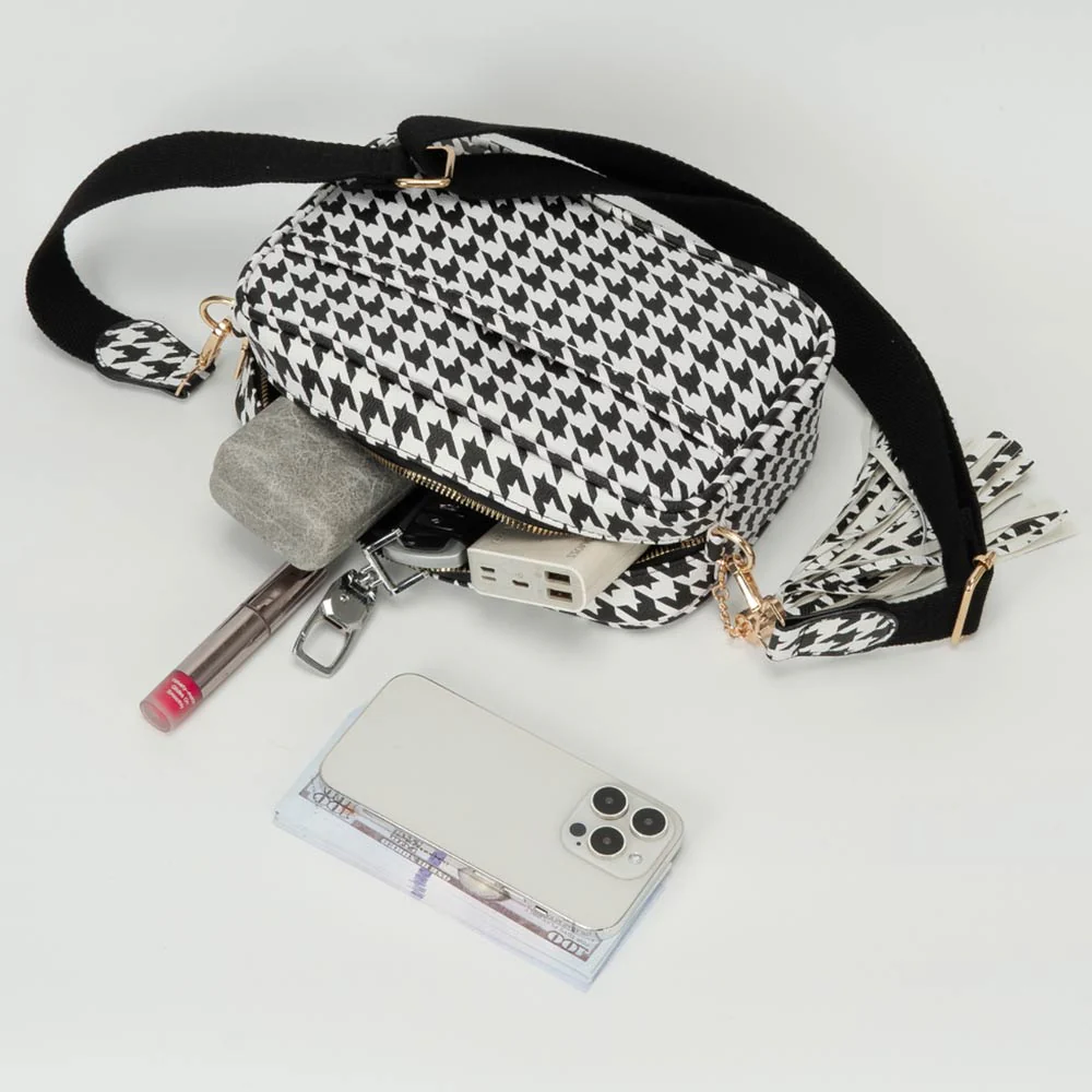 Faux Leather Houndstooth Pattern Crossbody Bag - Image 6