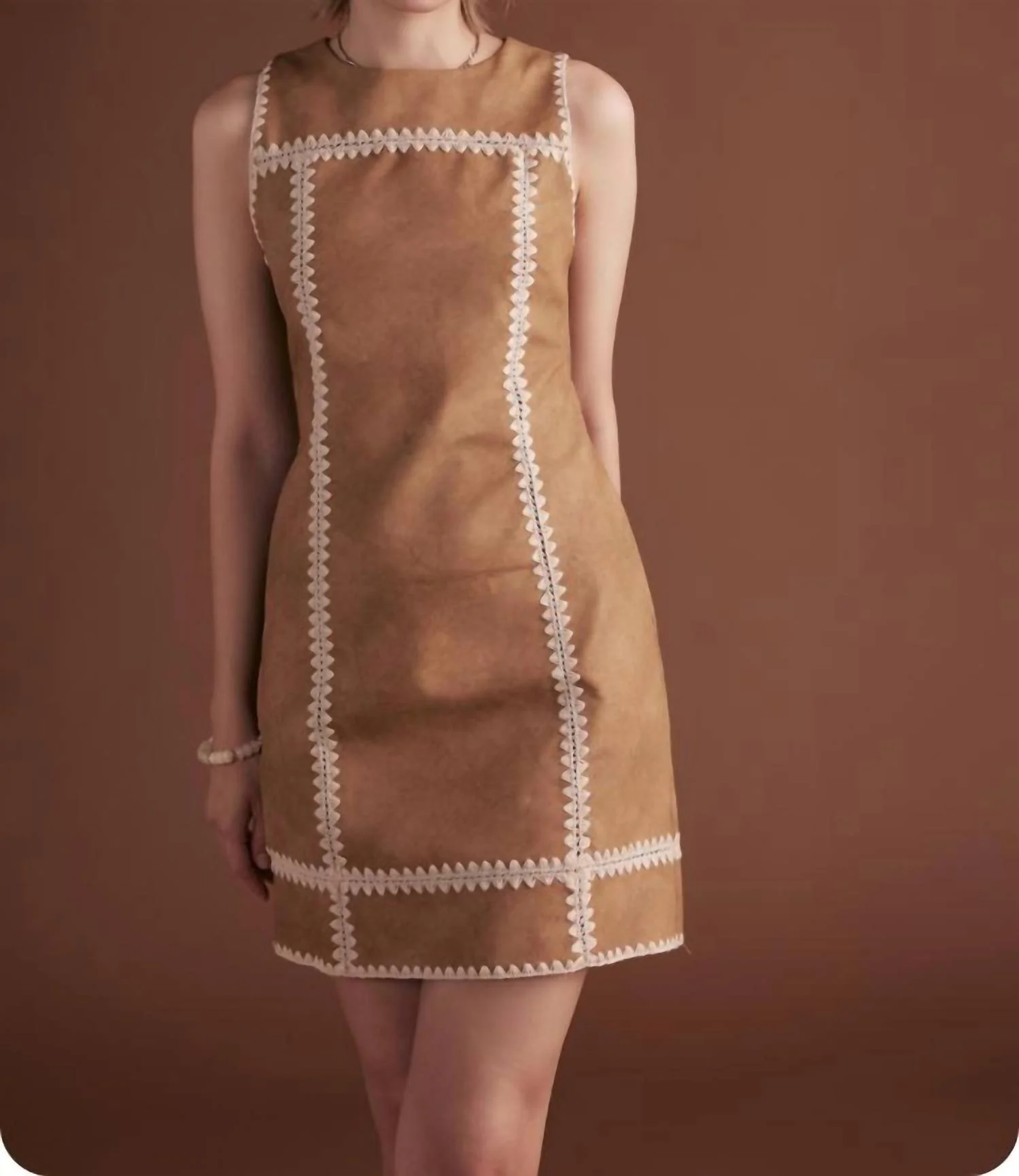 Faux Leather Whipstitch Dress In Sand