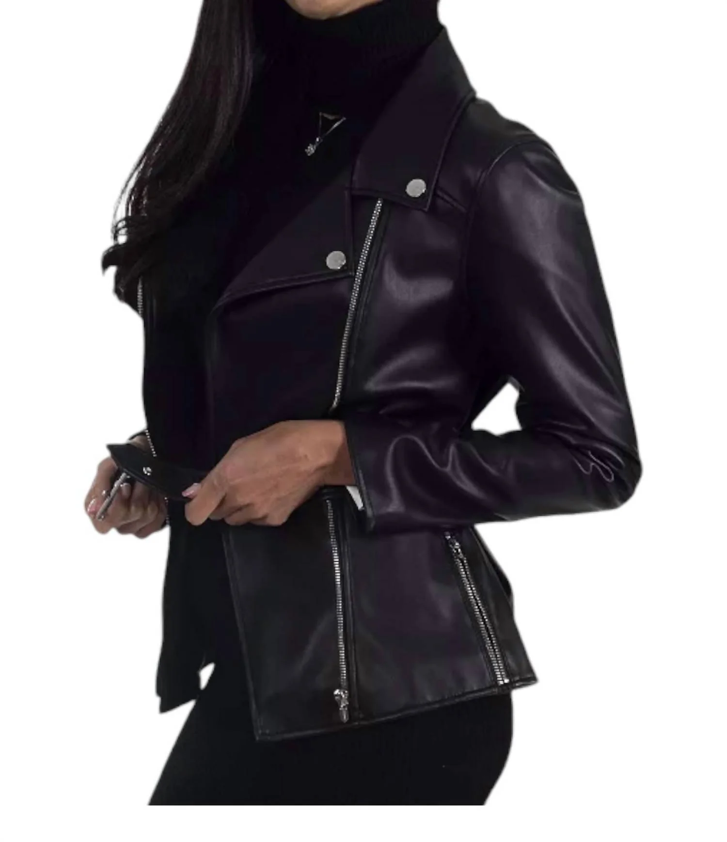 Faux Leather With Belt Biker Jacket In Black - Image 2