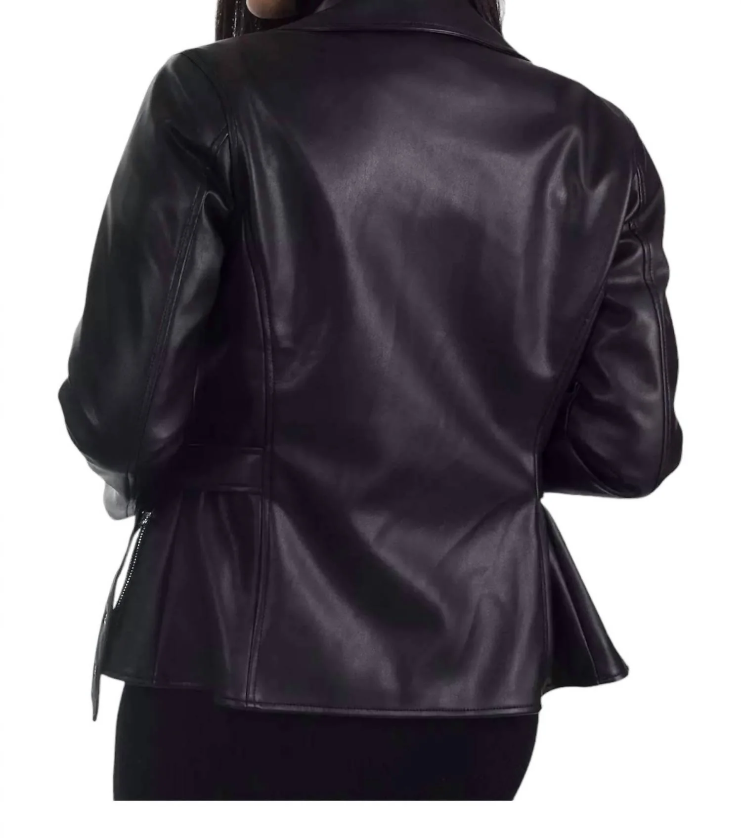 Faux Leather With Belt Biker Jacket In Black - Image 3