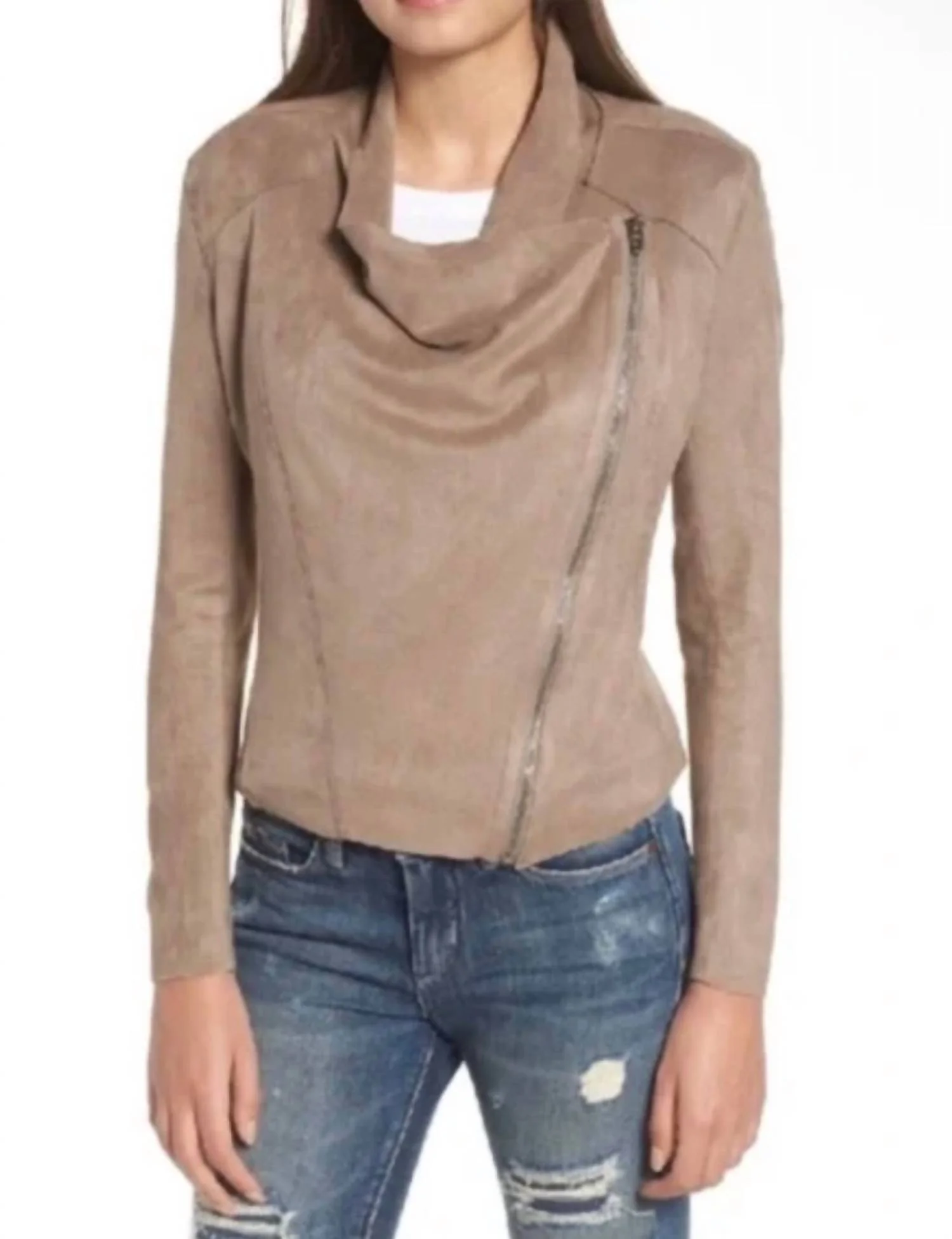 Faux Suede Drape Front Zip Up Top In Beige