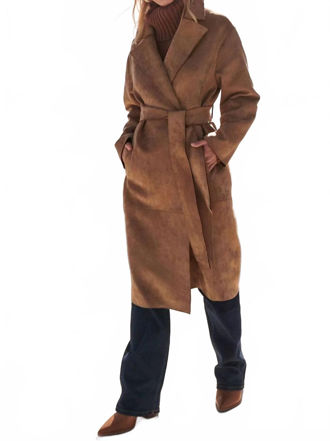 Faux Suede Trench Coat In Brown