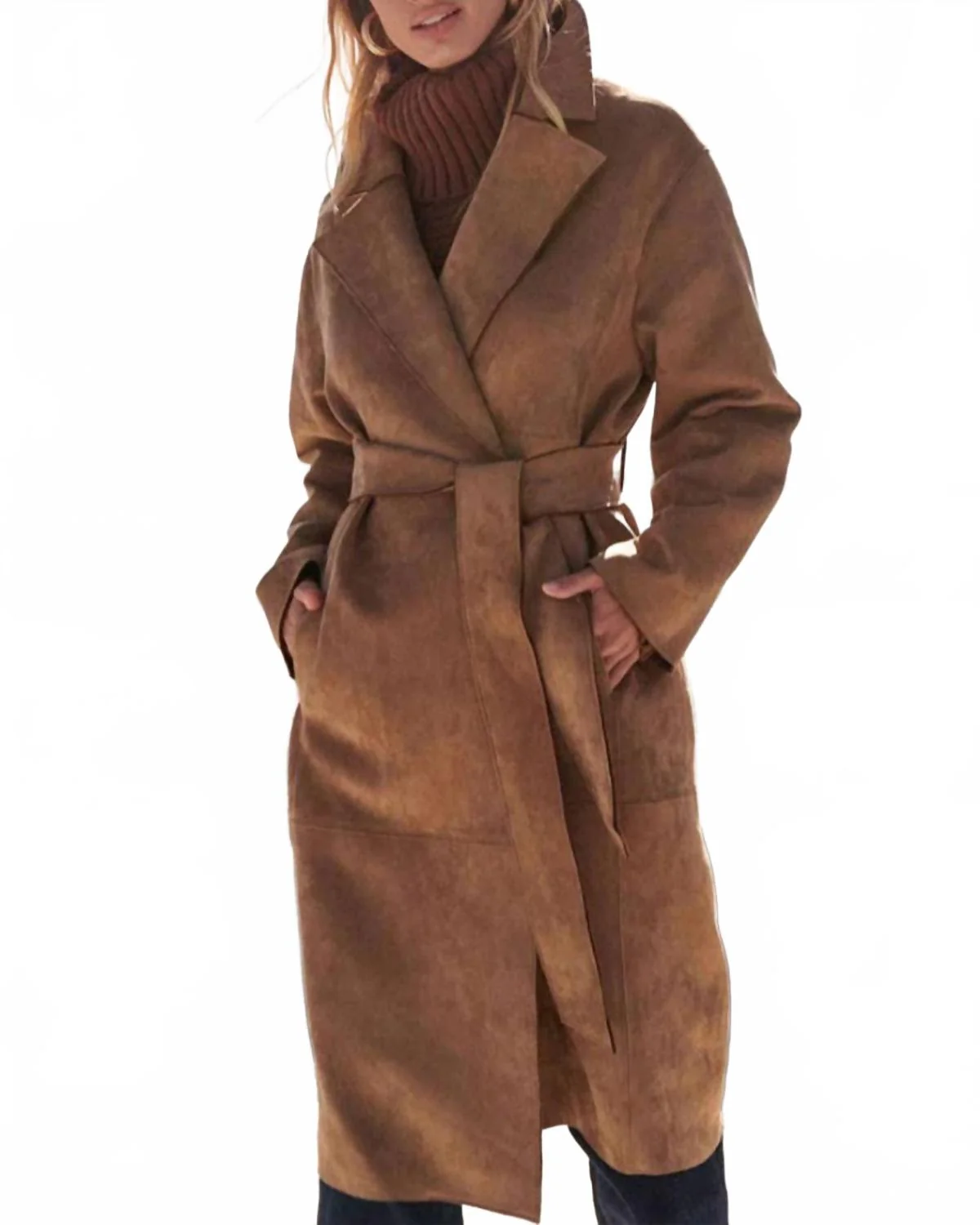 Faux Suede Trench Coat In Brown - Image 2