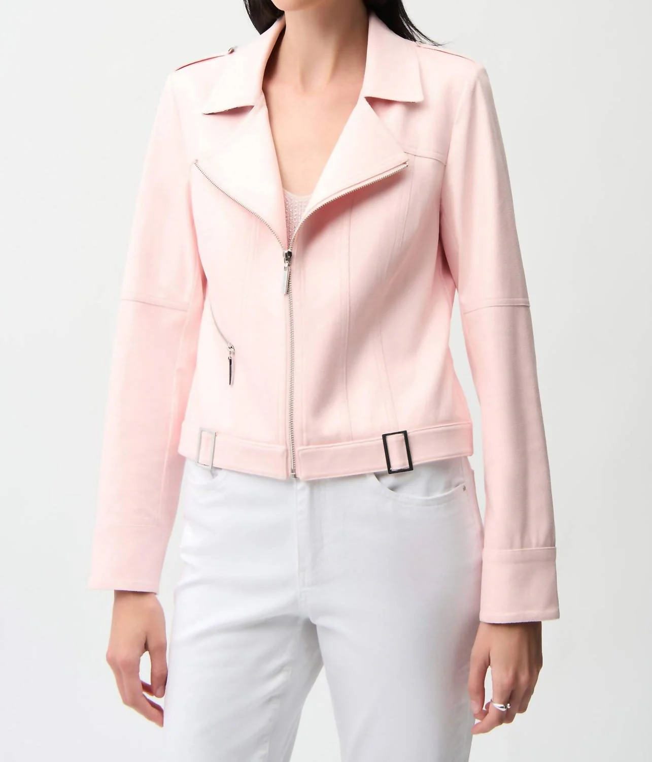 Faux Suede Zip Front Jacket In Petal Pink