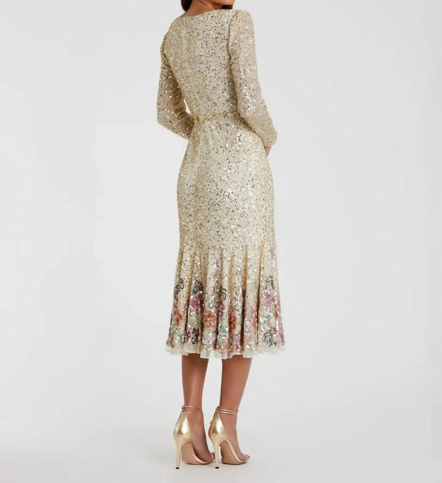 Faux Wrap Long Sleeve Tea Length Sequin Dress In Gold Multi - Image 2