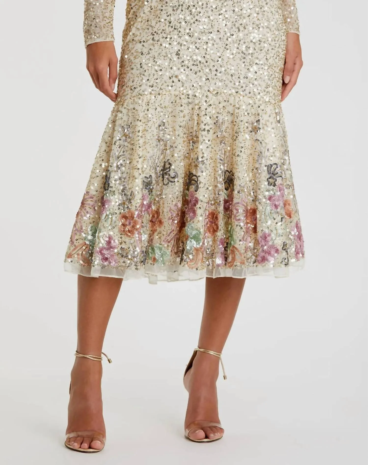 Faux Wrap Long Sleeve Tea Length Sequin Dress In Gold Multi - Image 3